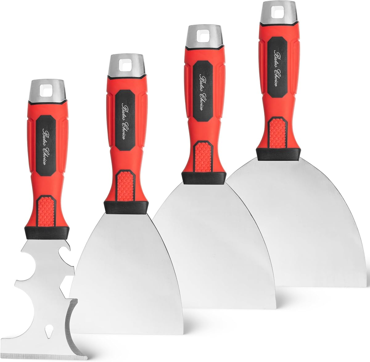 Bates- Juego de cuchillos para masilla, paquete de 4, acero inoxidable, herramienta multiusos para pintores de 4", 5", 6" y 10 en 1, mango de agarre suave, extremo de martillo, cuchillo para masilla, herramienta raspadora de pintura de metal, raspador de pared