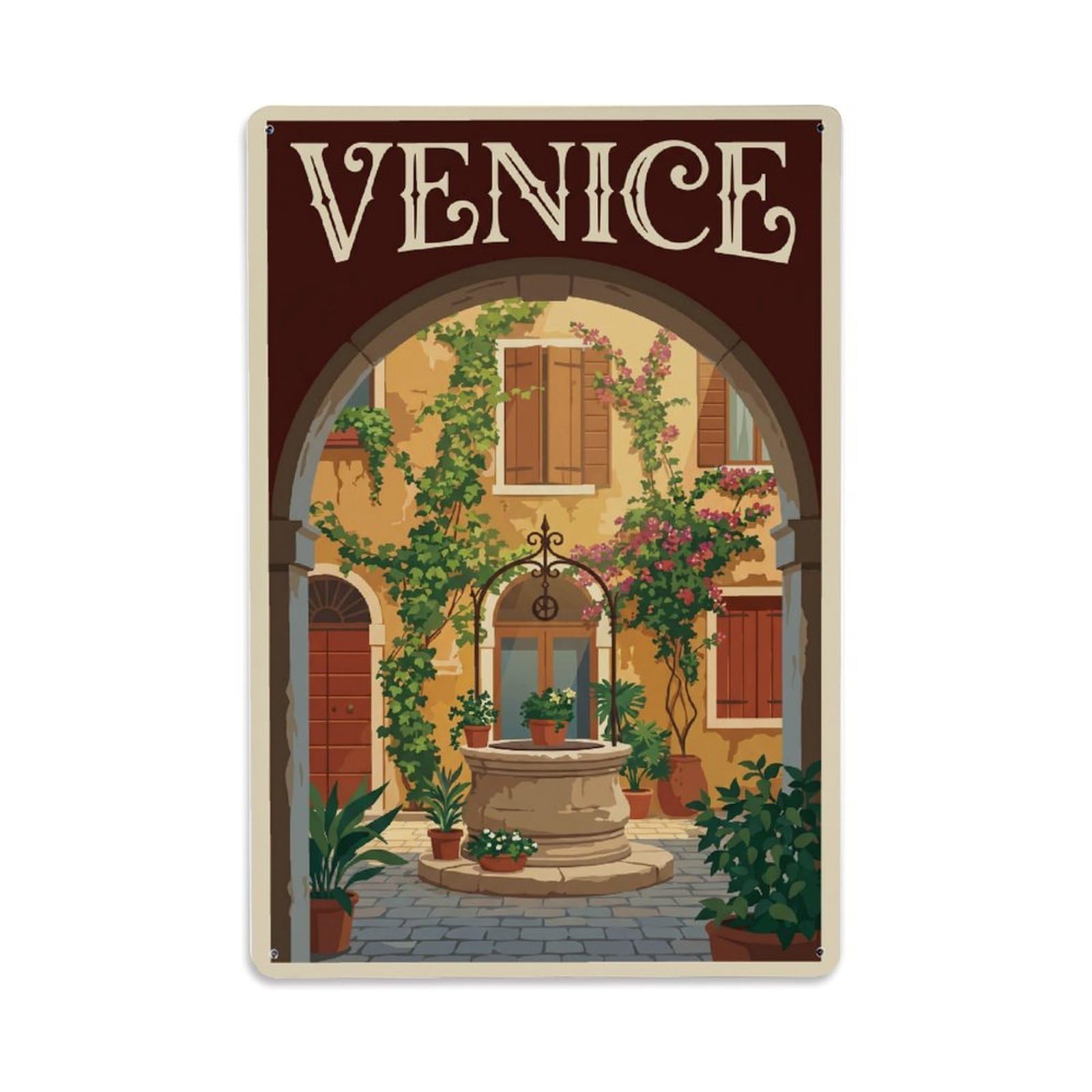 Vintage Travel Courtyard Italy Hidden Metal Tin Sign Plaque Wall Decor for Cafe, Club Bar, Office, Home Garden Metal Poster 8x12Inch
