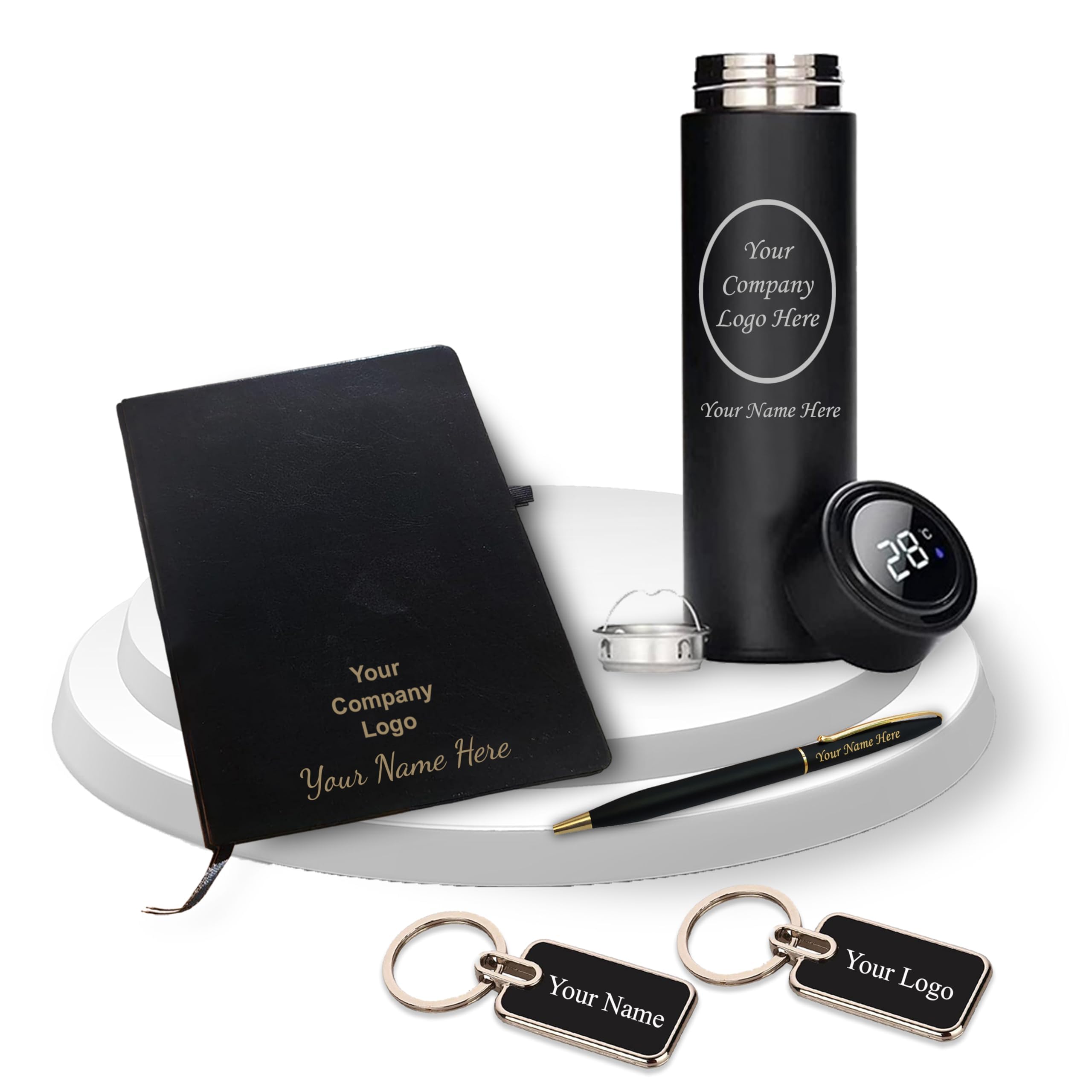 Savri Personalized Combo Set-Custom Metal Keychain, Temp Black Bottle with Name, Black-Gold Slim Pen, A5 Black Diary with Name & Company Logo-Premium Corporate Gifts,Employee Appreciation, Joining Kit