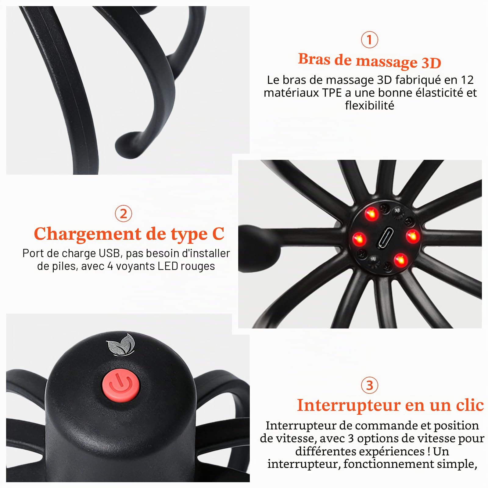 Masseur de tête électrique à 360° avec 3 modes, rechargeable sans fil, portable, pour la relaxation, le stress et la circulation sanguine, noir