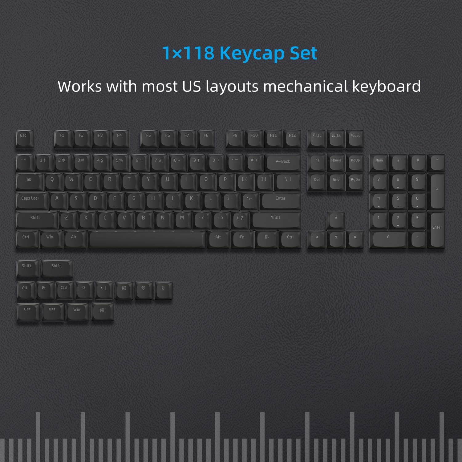 Low Profile Horizon 118 Keycaps, nakładki na klawisze Shine Through do 60% 65% 75% 80% 100% ANSI US Layout Cherry Gateron MX Switch mechaniczna klawiatura, czarna