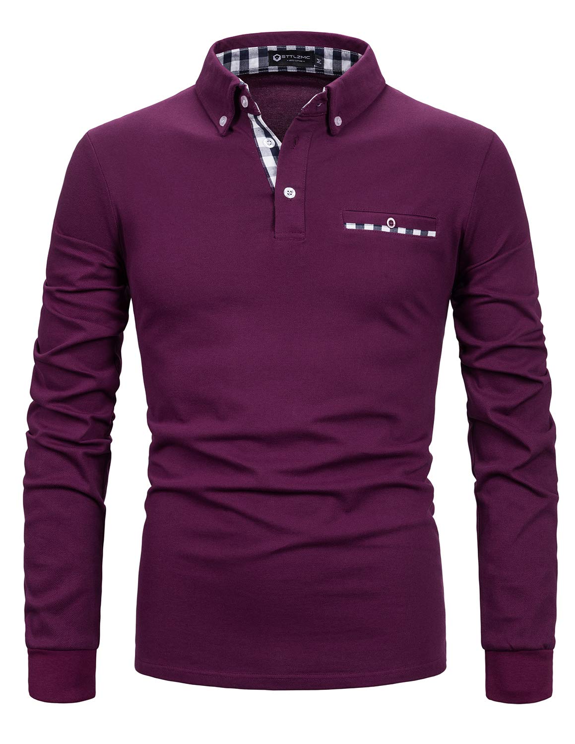 STTLZMC Men's Long Sleeve Polo Shirts Casual Fit Plaid Collar Cotton Golf T-Shirts