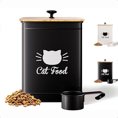 Cat Food Storage Container with Scoop - 5-7 lb (25 Cup) Capacity Metal Cat Food Container with Airtight Bamboo Lid and Metal Scoop - Airtight Pet Food Storage Containers 5 lb - 7 lb Kibble Container