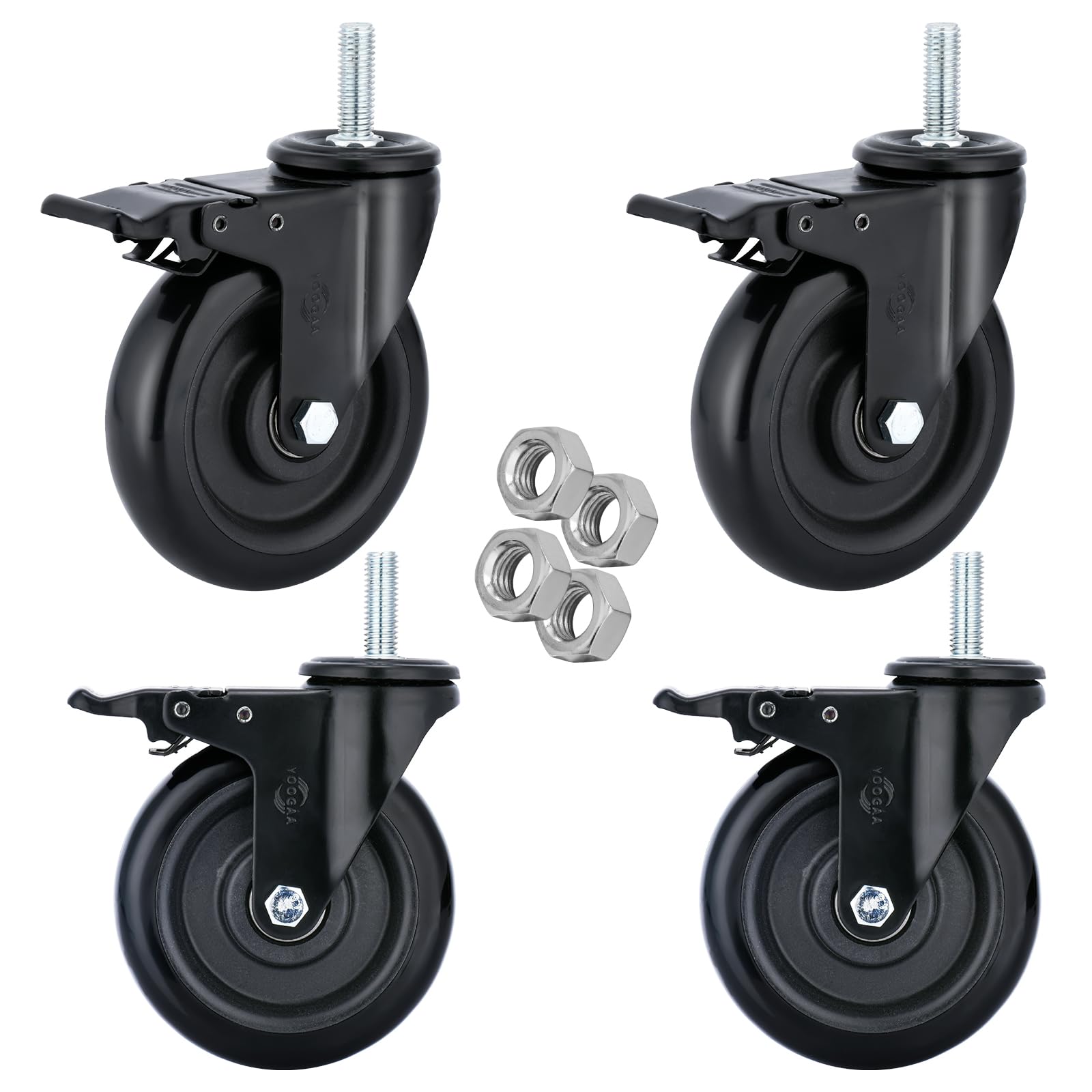 Stem Caster Wheels 5 inch Casters with Safety Dual Locking 1500Lbs Heavy Duty Threaded Stem Casters No Noise Swivel Castors with Brakes 1/2”-13x1.5”