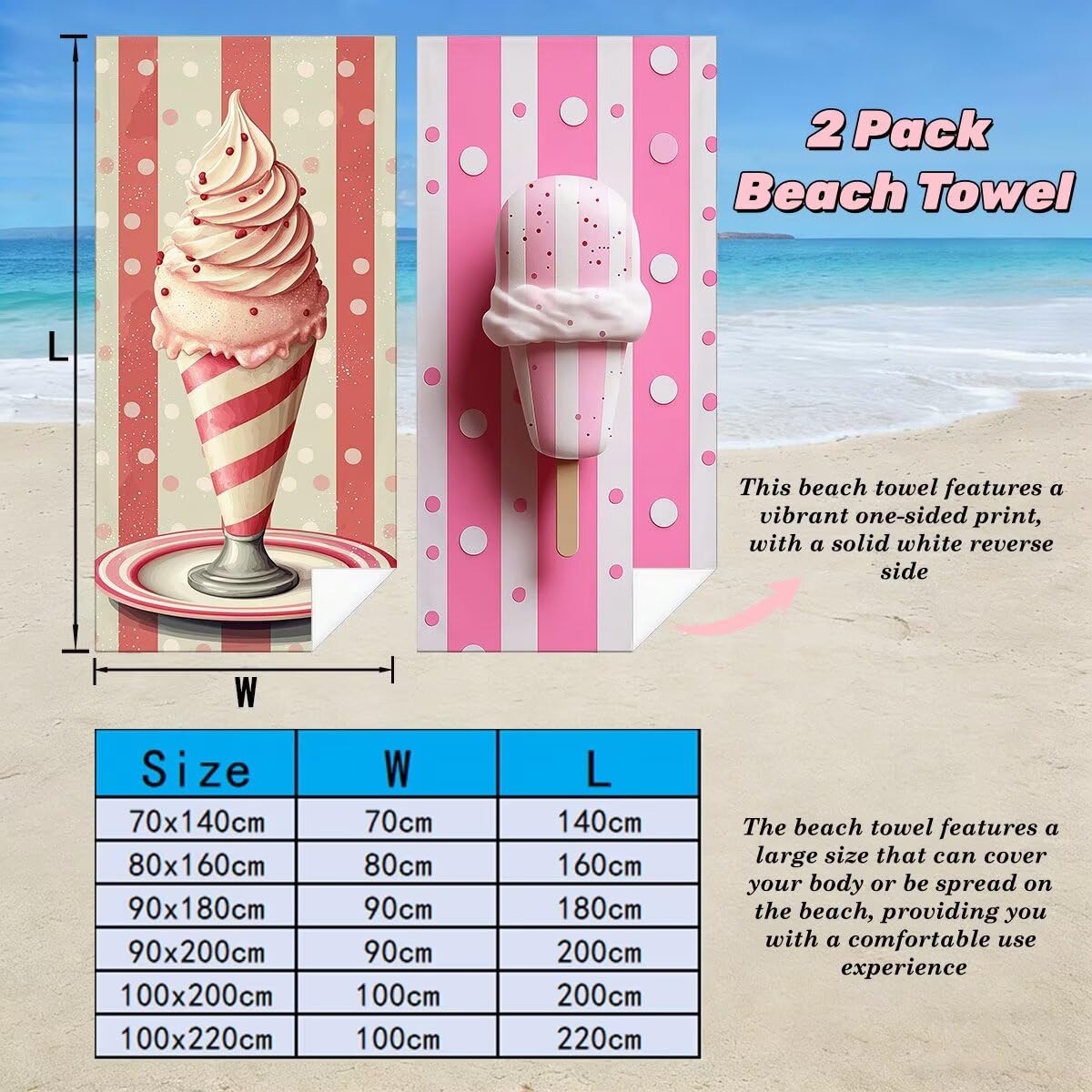 Toalla Playa 80x160 cm, Toalla Gimnasio Microfibra Secado Rapido, Juego de 2 Antiarena Toallas de Playa, Ligera Compacta Toallas Microfibra Grande para Viaje, Regalo Hombre Regalo Mujer (Helado) -4295