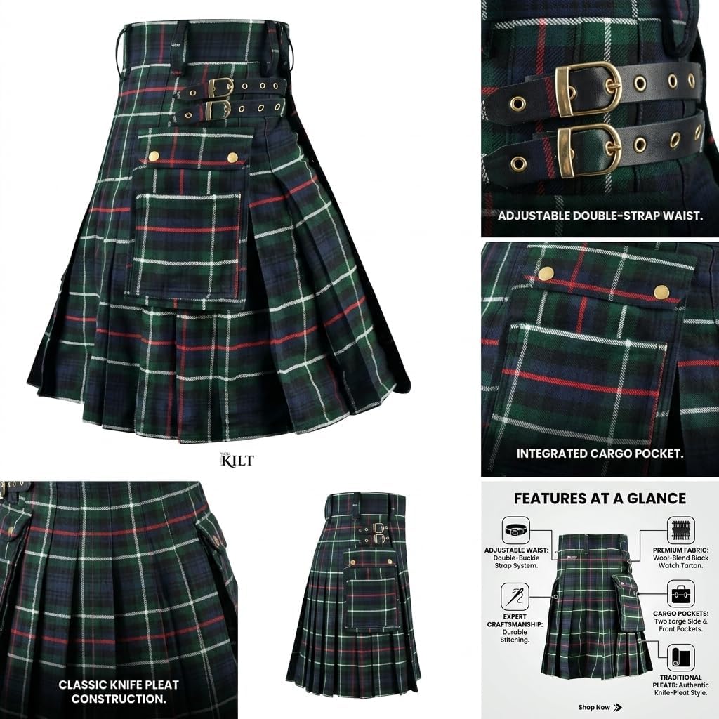 Tartan Utility Kilts for Men Tartan Kilt with Straps and Large Cargo Pockets