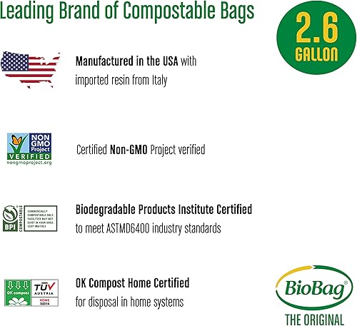 Miniatura 6 de Bolsas compostables para residuos de alimentos de 2.6 galones de BioBag, 100 unidades, certificadas BPI, cumplen con los estándares ASTM D6400,