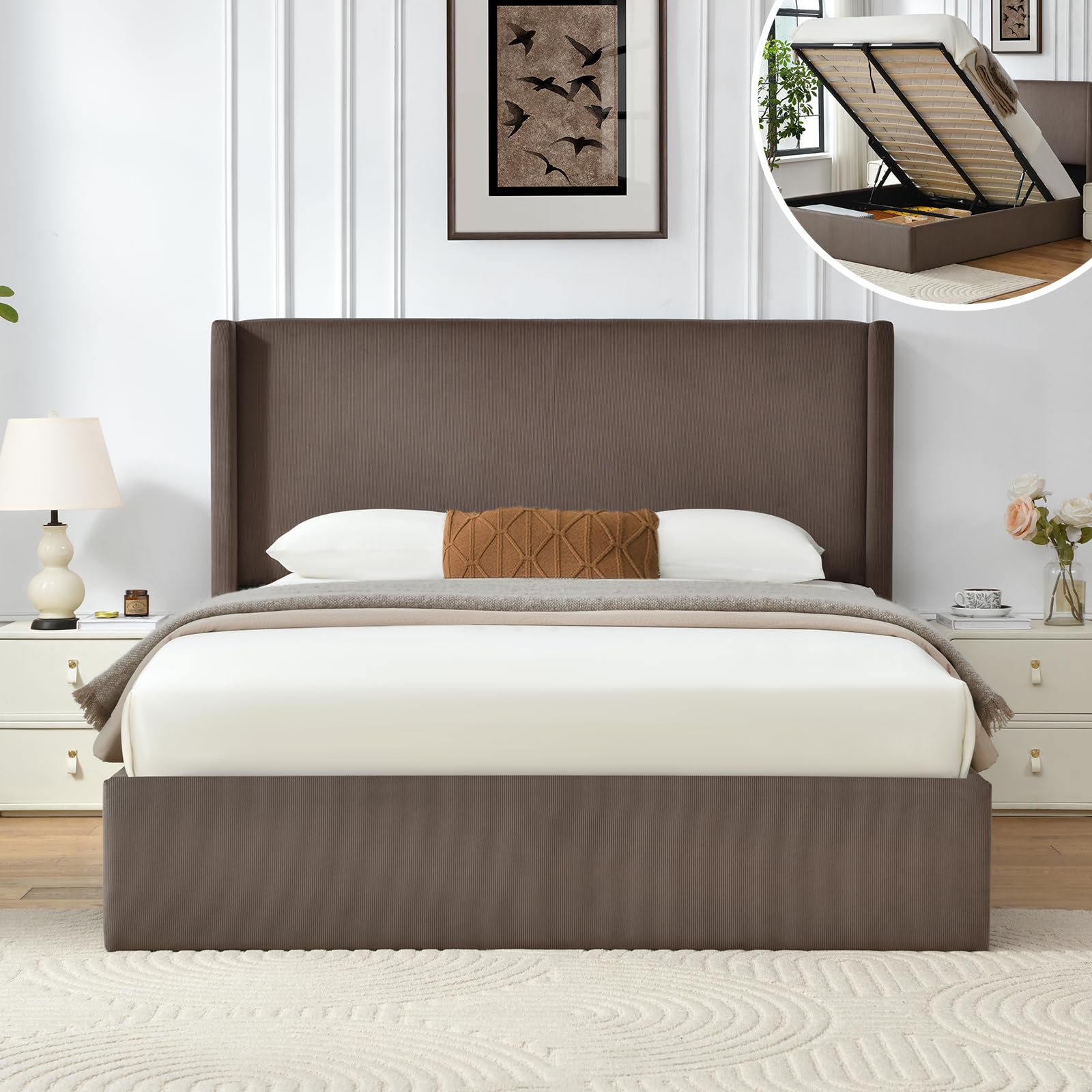 VELOCAVA King Size Lift-Up Storage Bed, Modern Upholstered Corduroy Coffee Bed with Wingback Headboard, Hydraulic Lift Platform, Sturdy Wooden Slat