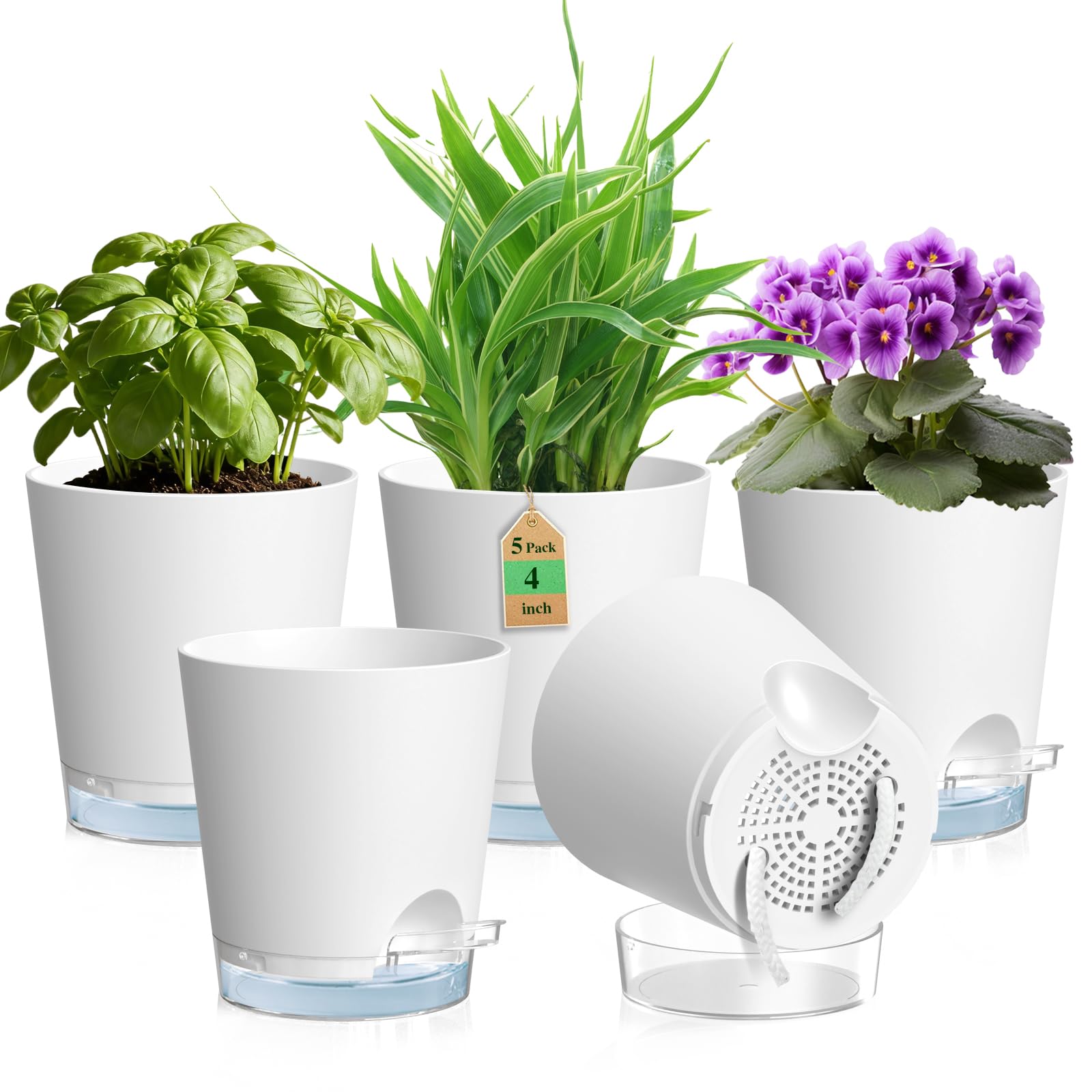 WSMKSZ 10.2 cm Self Watering Plant Pots Indoor, 5 Pack Thick Plastic Flower Pots with Clear Reservoir, Visible Water Level & Drainage Holes, Small Nursery Pots with Cotton Wick for House Plants, White