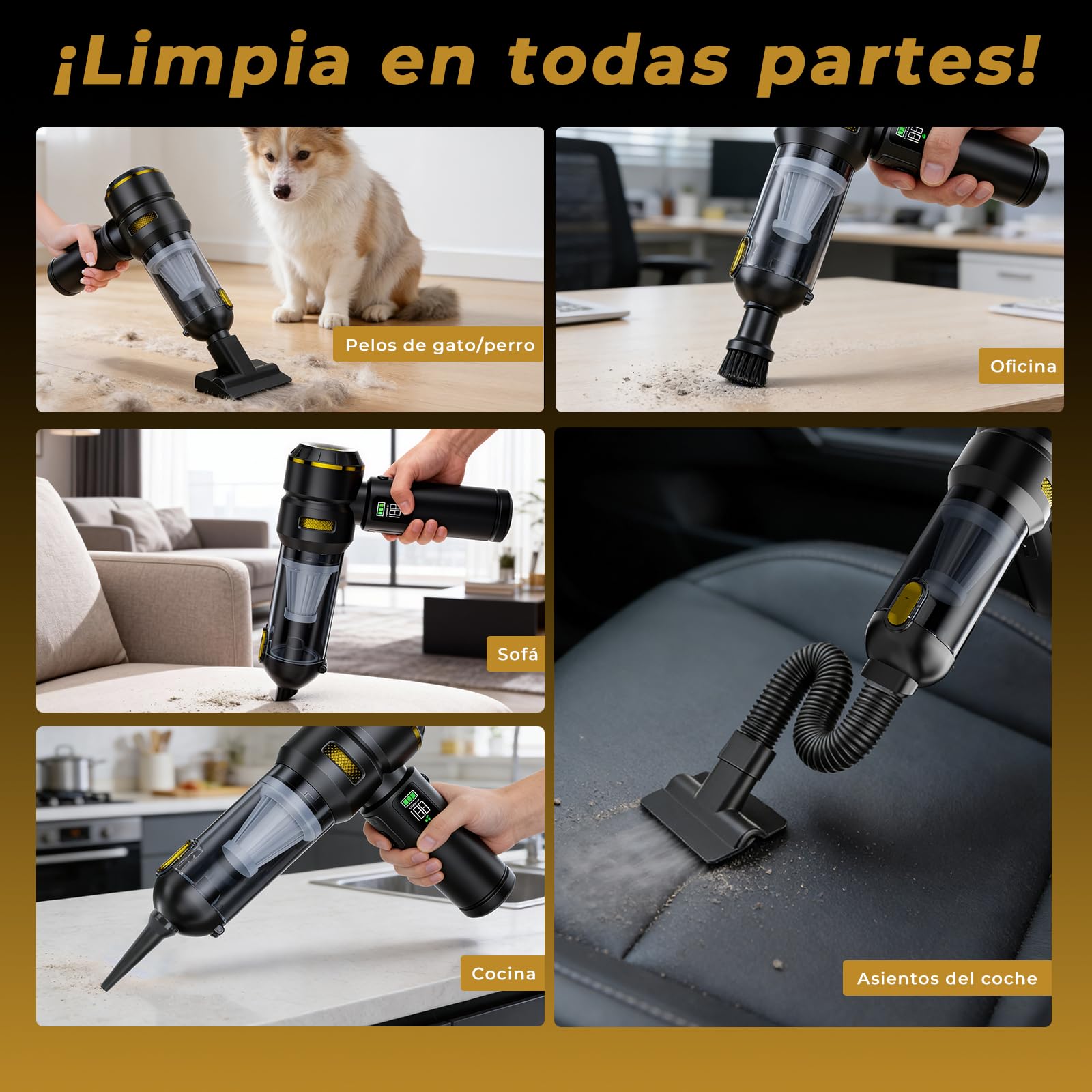 HOVIN Aspirador de Mano, 24.000Pa Aspirador Recargable,Aspirador sin Cable para Coche Aspiradoras de Mano con Motor sin Escobillas de,para Uso en la El vehículo,el hogar,la Cocina (Negro y Dorado)