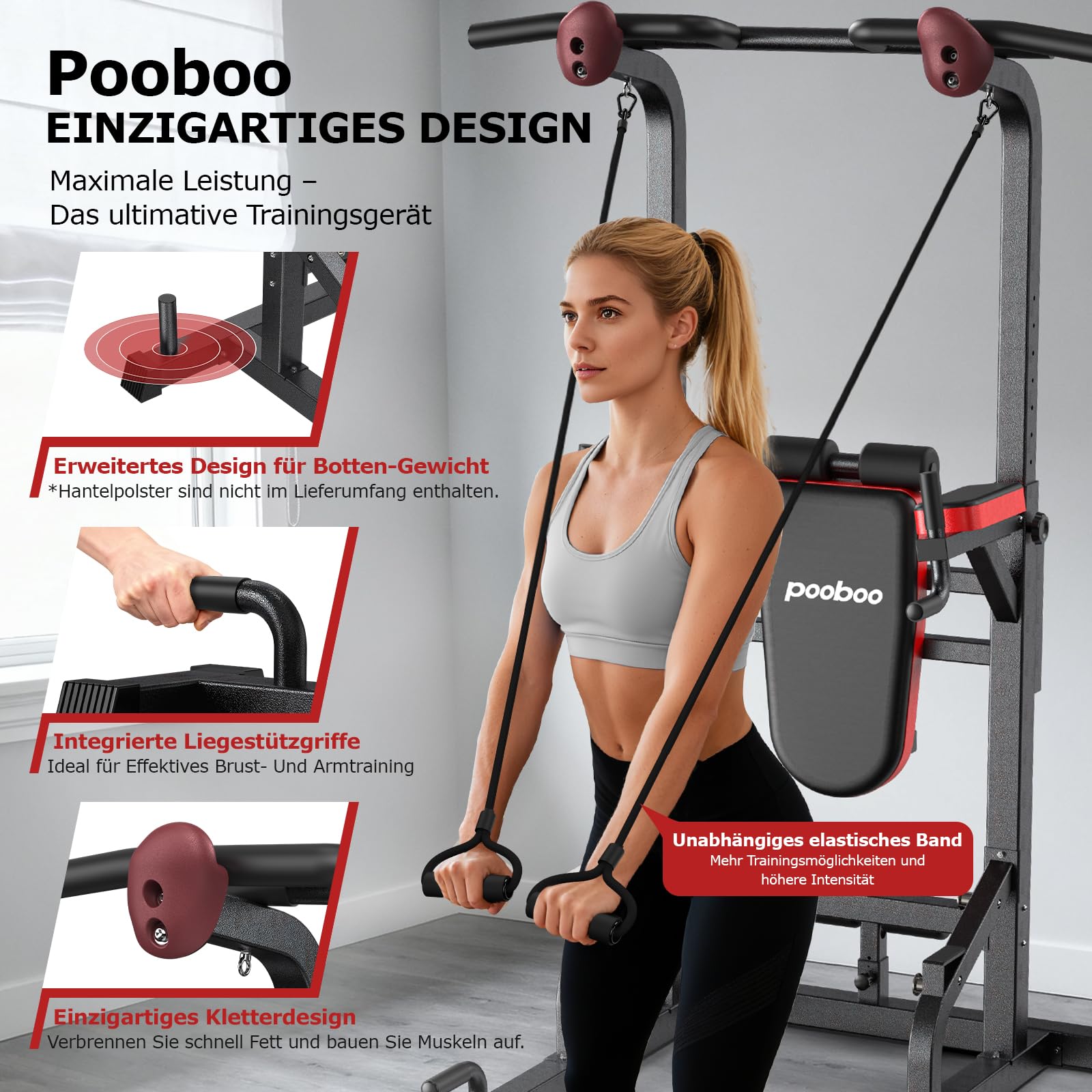 Pooboo Power Tower Dip Station Klimmzugstange für Fitness-Heimtraining, multifunktionales, höhenverstellbares Krafttrainingsgerät mit elastischen Seilen