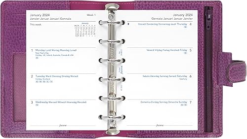 Miniatura 5 de Filofax Finsbury - Organizador de bolsillo, frambuesa, cuero granulado tradicional, seis anillos, calendario semanal para ver, multilingüe, 2024