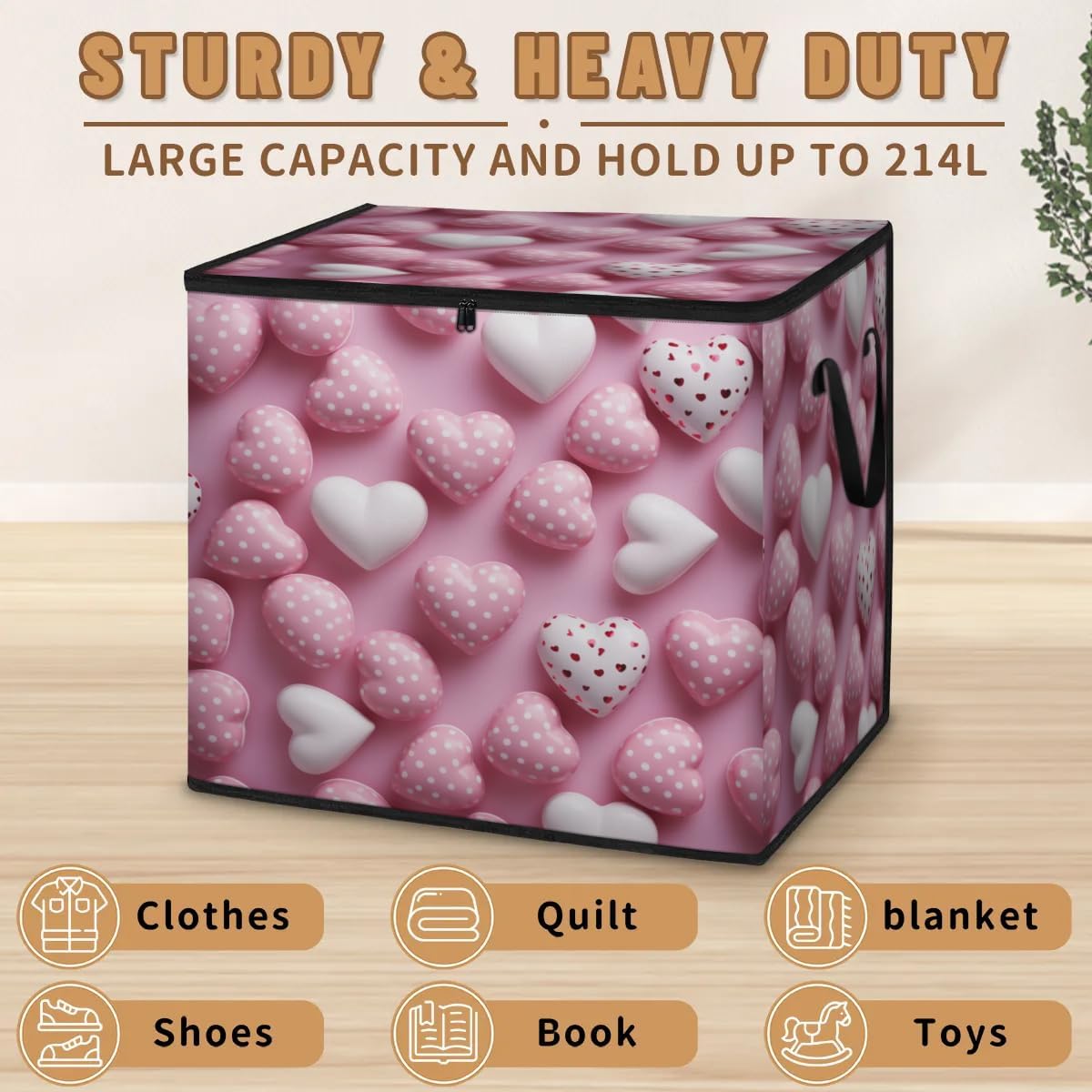 Honeybaby 214L Extra Large Comforter Storage Bag Valentines Pattern Love Storage Totes with Lids Waterproof Closet Organizer Folding Blanket Storage Bags for Clothes Bedding Pillows