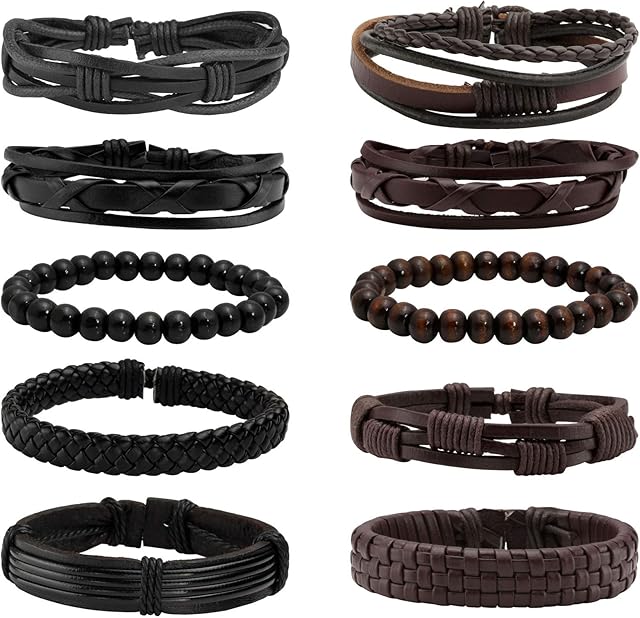 MILAKOO Leather Bracelet Black Brown Braided Wide Wristband Women Men Punk Jewelry Skull
