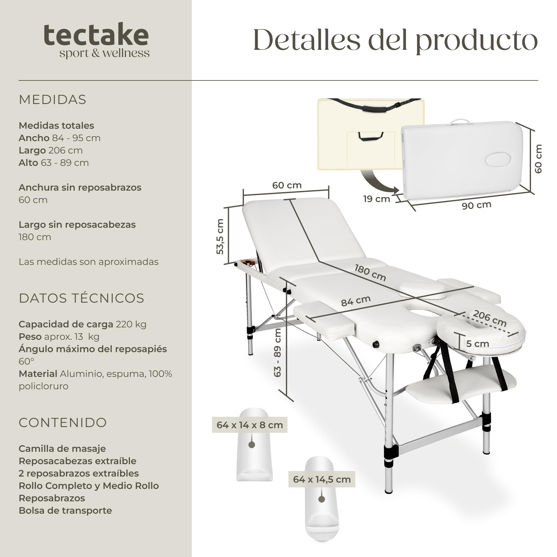 tectake® Camilla de Masaje Plegable de Aluminio, Estética Profesional para Quiromasaje, Tatuajes, Reiki y Fisioterapia - Altura Ajustable, 3 Zonas, con Bolsa de Transporte - Blanco