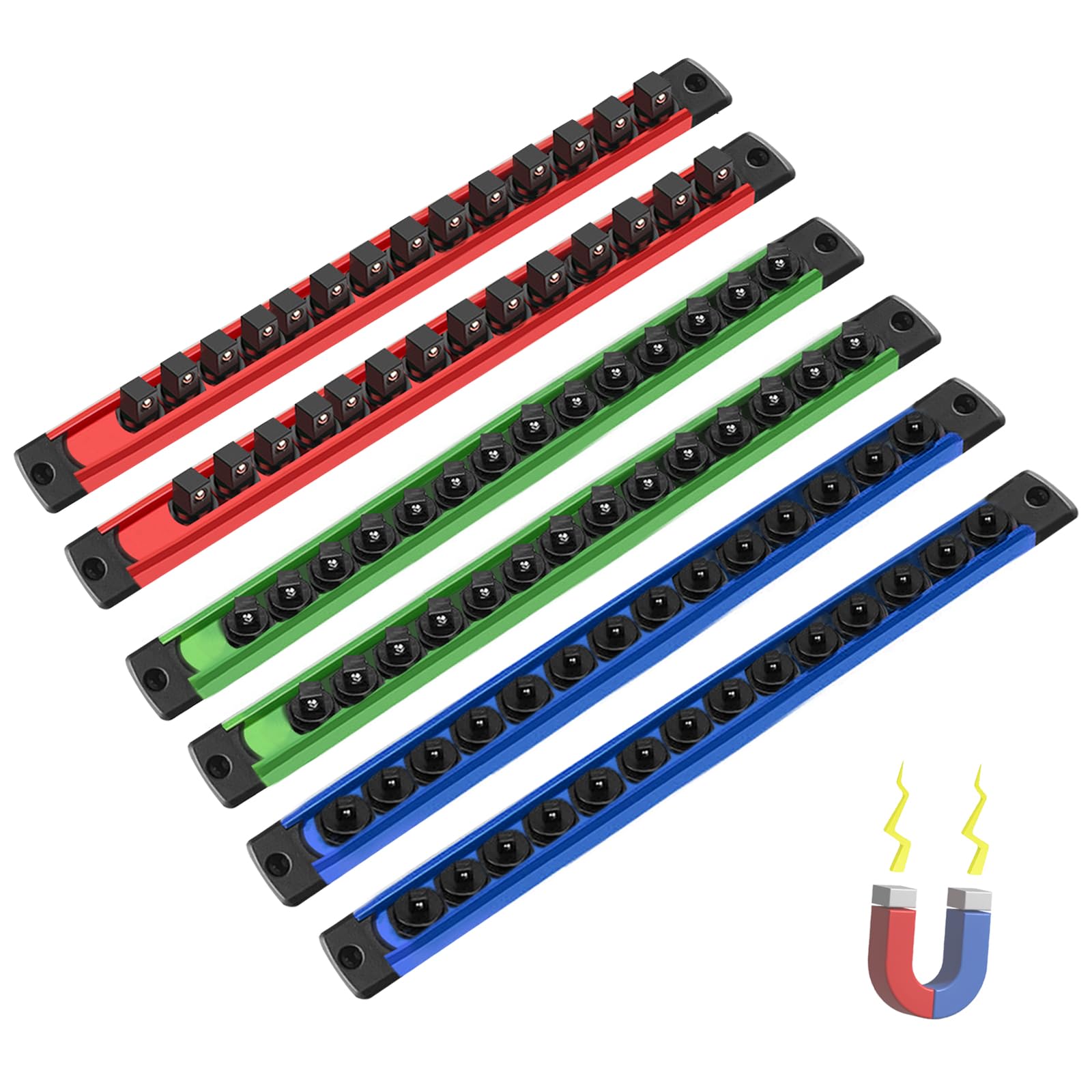 Magnetic Organizer Set: 6-Piece Detachable 1/4, 3/8, 1/2 Socket Trays Holders, Space-Saving Heavy-Duty Rail for Garage Workshop