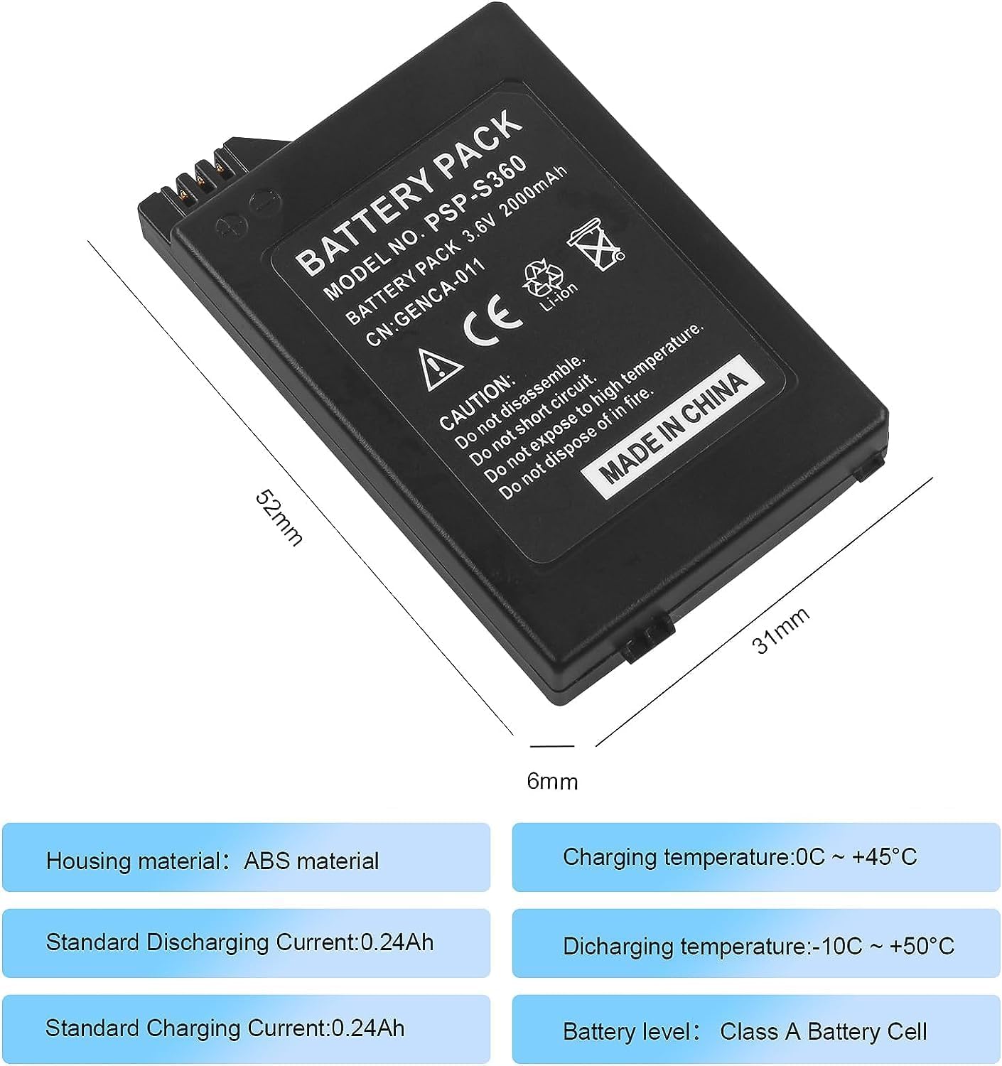 Batteria agli ioni di litio da 2000 mAh, 3,6 V, per console Sony PSP 2000/3000 PSP-S110 PSP-3001 PSP-3002 PSP-3000 PSP-3004 PSP-2001 PSP-2002 PSP-203 (non compatibile Sony PSP modello 1 000).