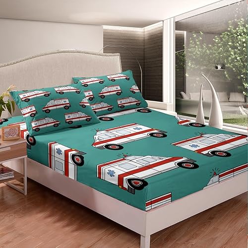 Miniatura 3 de Feelyou Juego de sábanas de ambulancia para niños, juego de sábanas de automóvil para niños y niñas, decoración de caricaturas, sábanas de automóvil