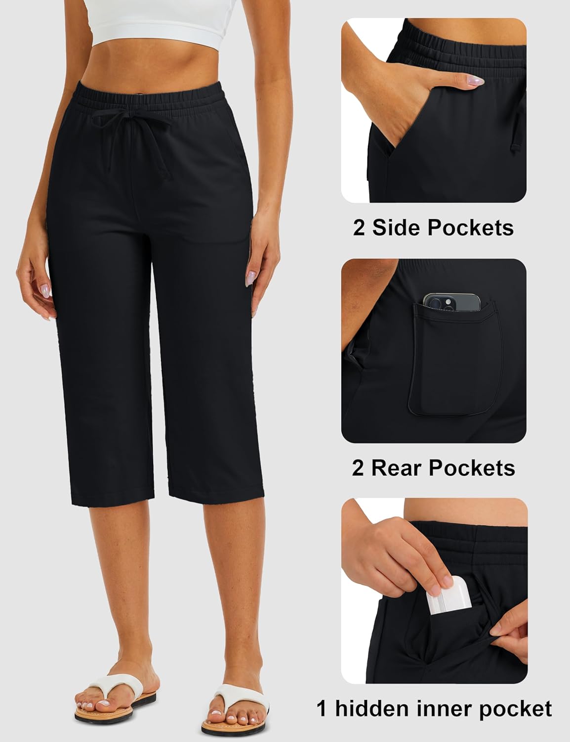 MAGCOMSEN Women's Cotton Capri Pants with 5 Pockets Yoga Wide Leg Capris Loose Casual Lounge Workout Capri Sweatpants - Image 4