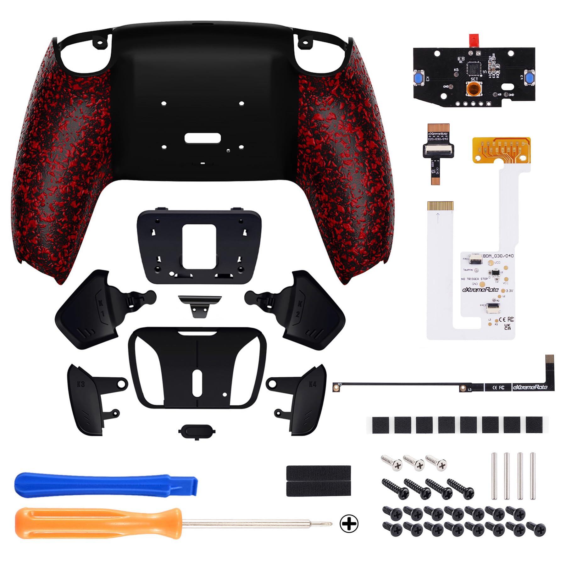 eXtremeRate RISE4 V3 Remap Kit für ps5 Controller BDM-030/040/050 Modell, Upgrade Board & Re-Design Rückseite Gehäuse Case & Rücktasten Back Paddles Set für ps5-Textur Rot