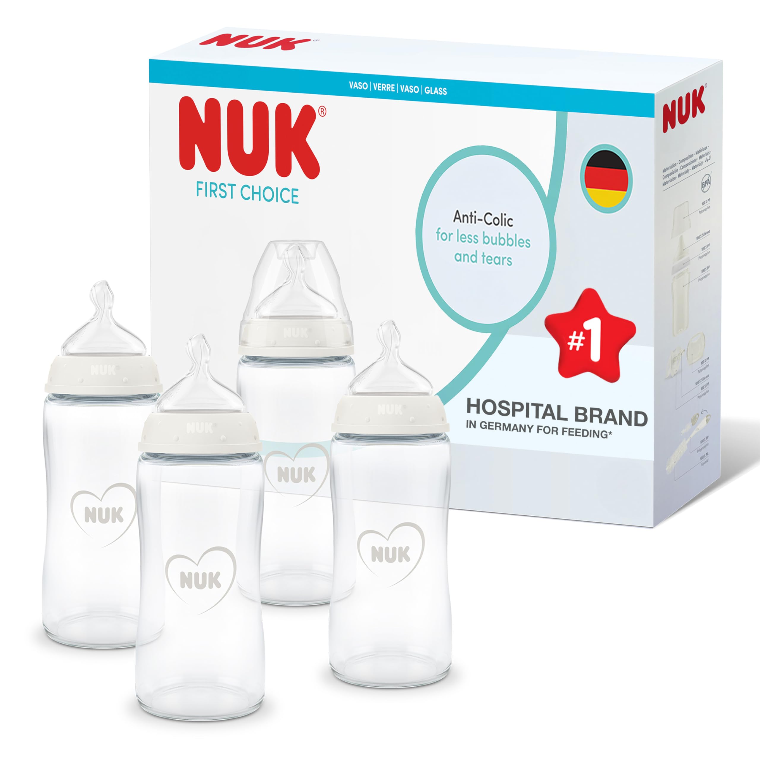 NUK First Choice Baby Bottles | 3+ Months | 240ml | Anti Colic Feeding Bottle | Glass | Temperature Control Indicator | Rainbow | 4 Count