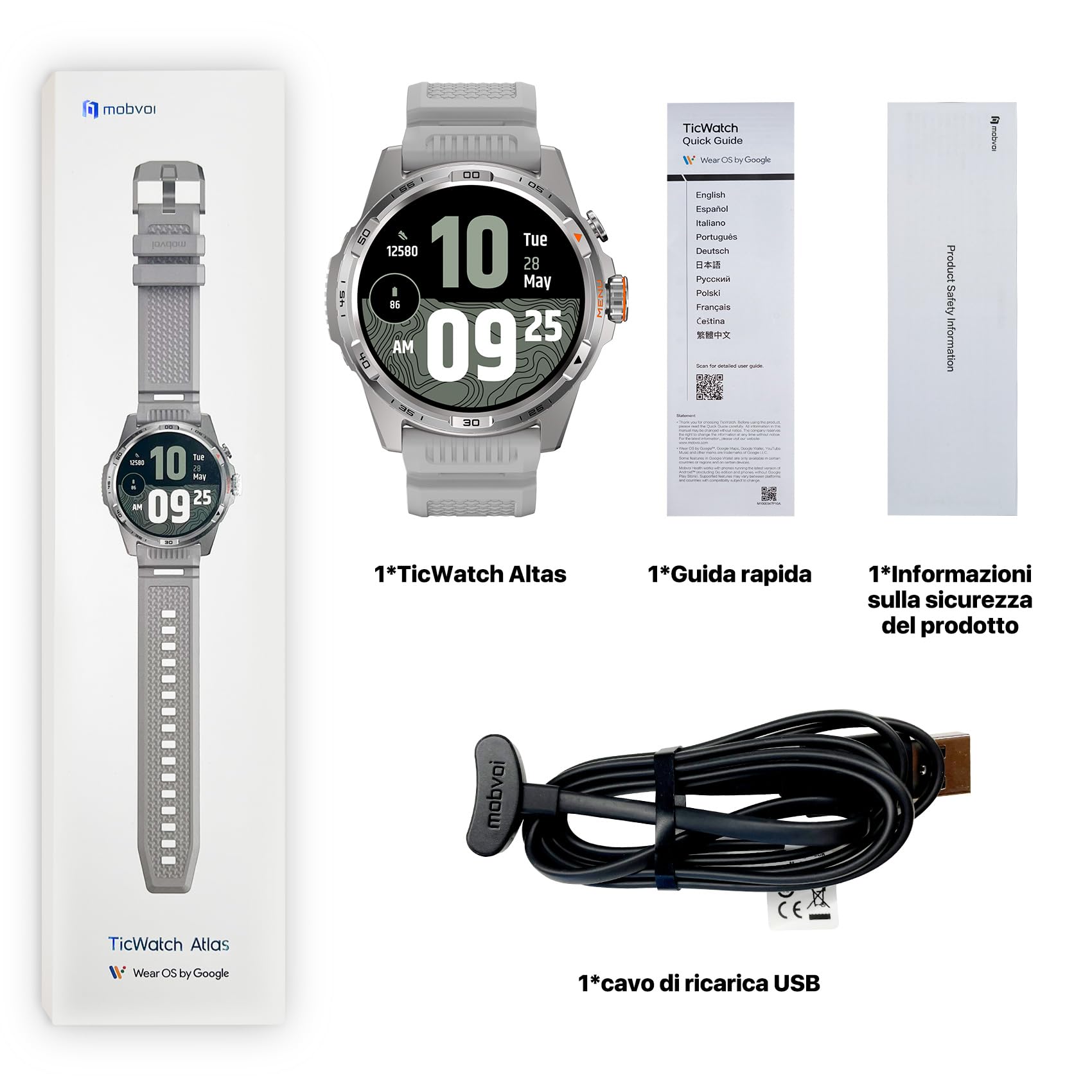 Ticwatch Atlas Smartwatch Android Wear OS 90 ore di batteria 110+ modalità di allenamento Mappa termica Rilevamento cadute Health Fitness Tracker 5ATM Bussola GPS Solo Android Compatibile Grigio