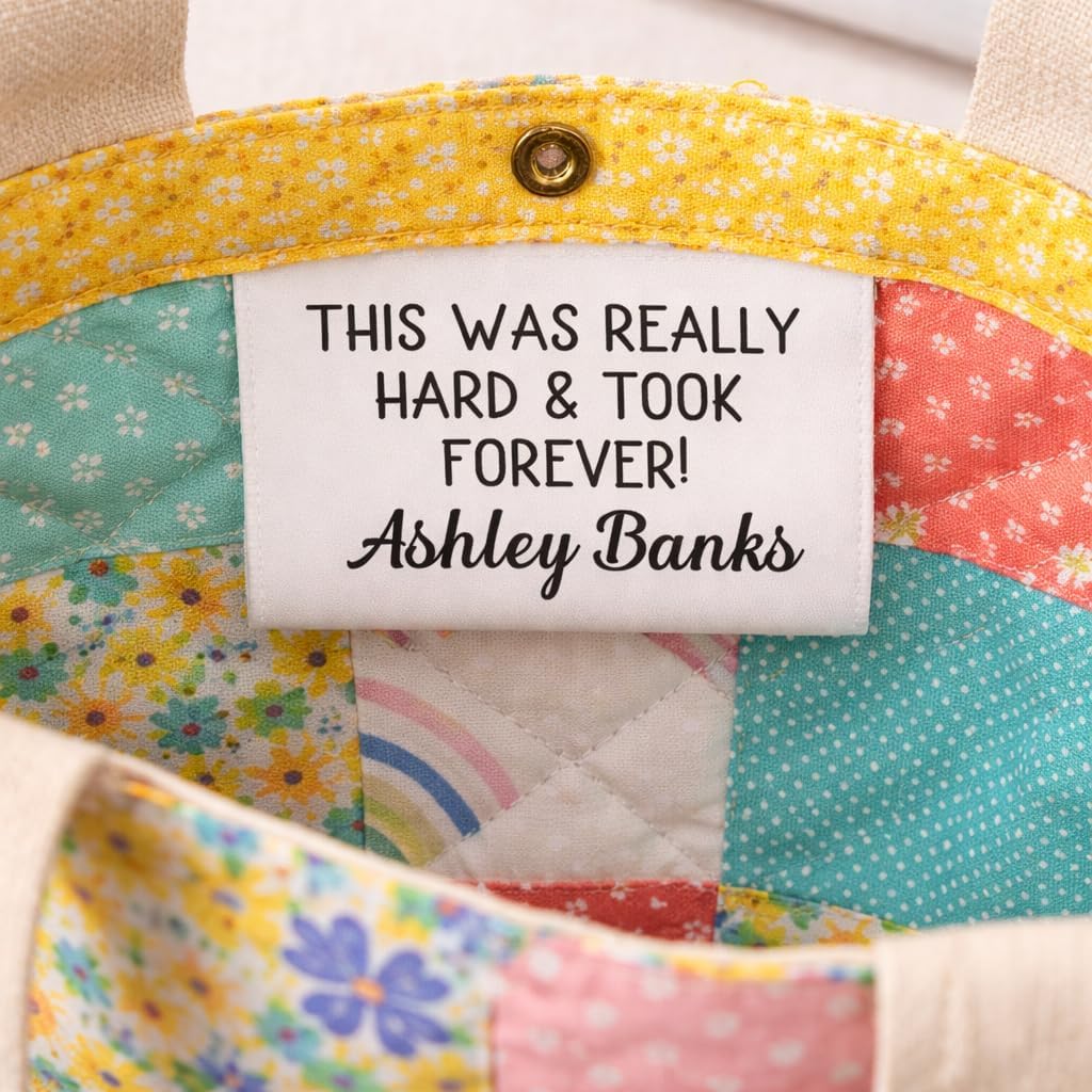Funny Personalized Quilt Label Satin Tag – “This was Really Hard & Took Forever” Custom Sew-in Quilt Label, Fold Over Sewing Tag with Name, 2" x 1"