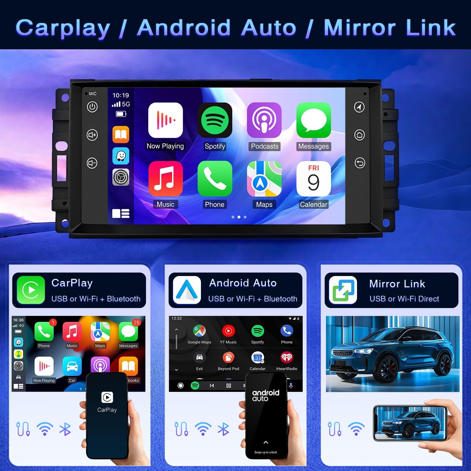 【4+64G】 Car Radio for Jeep Wrangler JK 2007 2008 2009 2010 2011 2012 2013 2014 2015 2016 2017 2018 with Wireless Carplay & Android Auto Bluetooth Touchscreen Stereo GPS/SWC/FM/Backup Camera