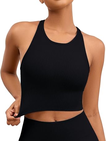 High Neck Sports Bras for Women Yoga Longline Tank Top with Built-in Bra | Seamless, Racerback, Ribbed, Medium Support, Removable Pads, Stretchy, Breathable, Lightweight, Yoga, Gym, Athletic, Workout