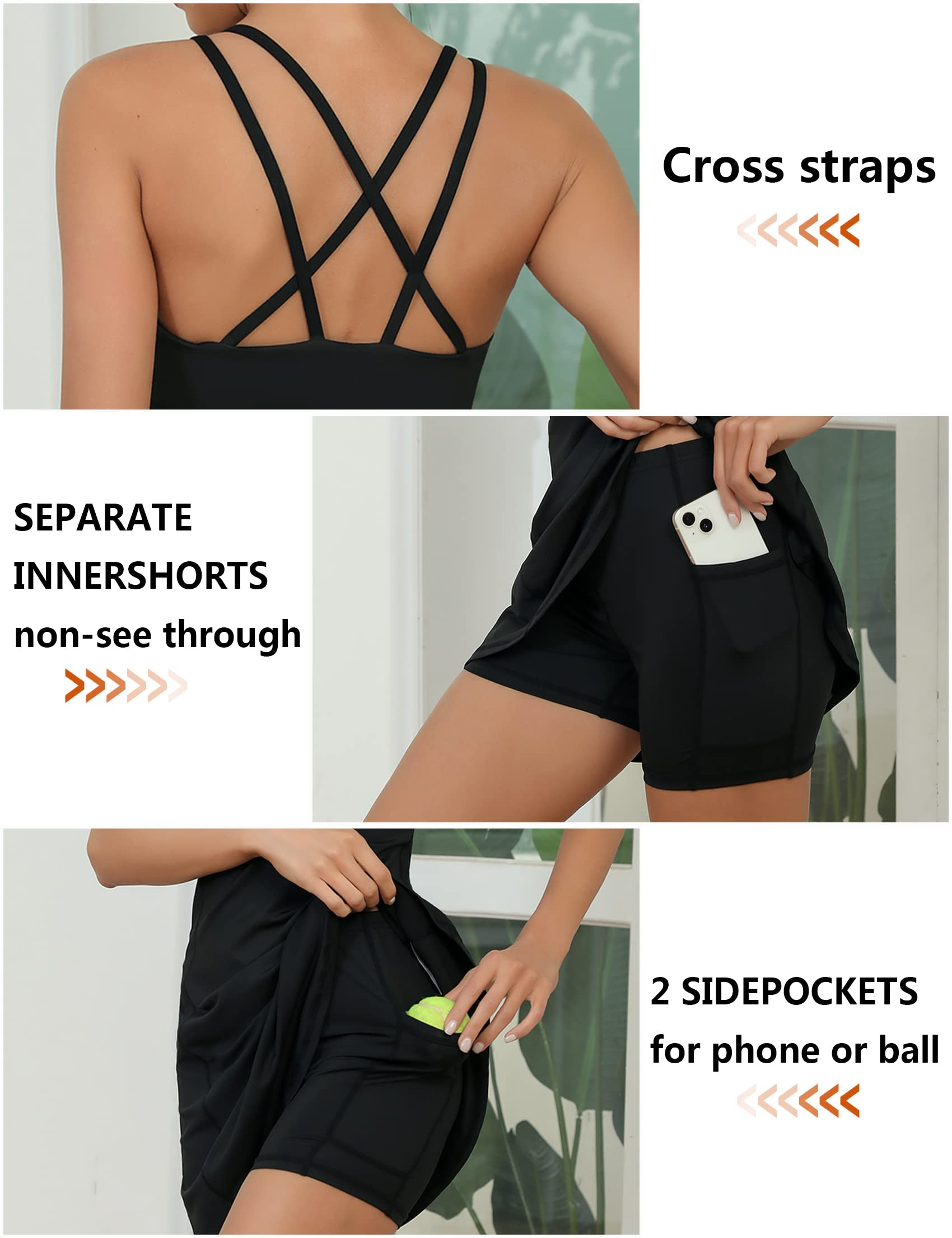 Terecey Abito Tennis Donna con Pantaloncino,Gonna Tennis Donna,Abito Golf Donna Elegante,Abito Corto Sportivo Donna con Due Tasche Laterali,Abito Tennis con Sottobicchiere Invisibile （Nero,XL