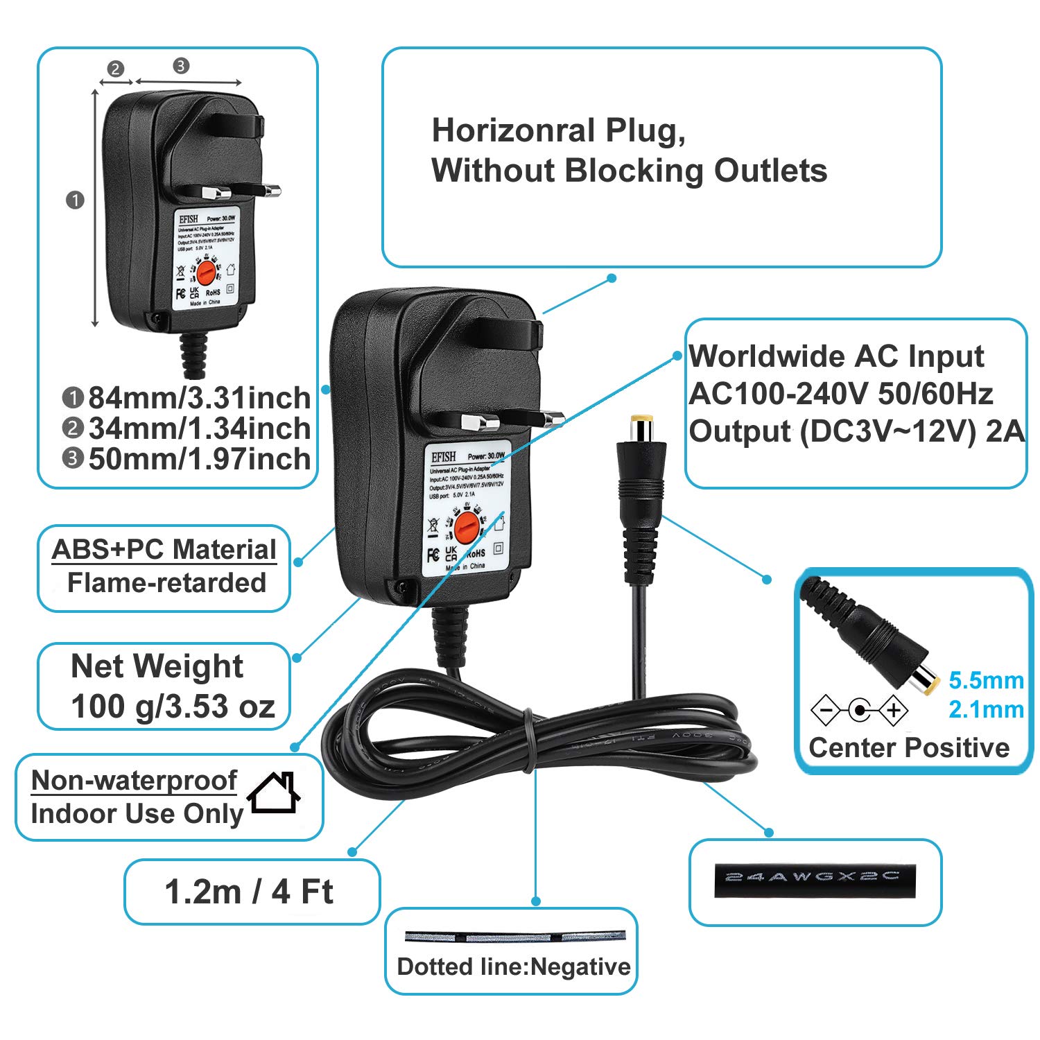EFISH EFISH International Power Adapters Multifunctional Portable Power Transformers (Included USB),AC Supply Adapter 100-240V to DC 3V/4.5V/5V/6V/7.5V/9V/12V-MAX 2A (2000mA)+8 Different Plugs in use