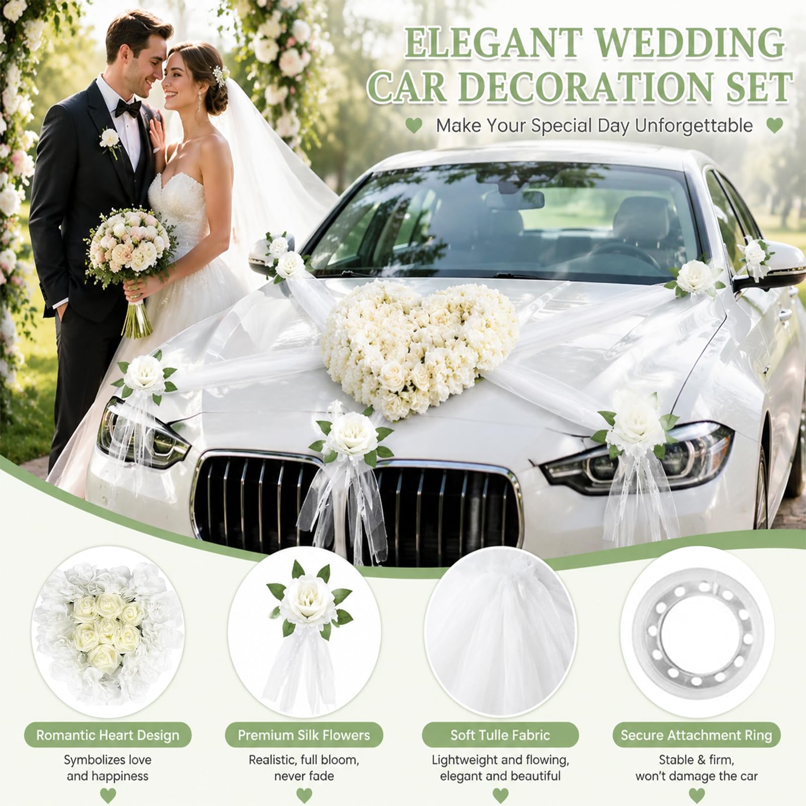 Herz Autoschmuck Hochzeit Set, Organza Girlanden & Rosen-Schleifen | 35cm Herzblumen-Deko, 8 Rosen-Schleifen, 2x180cm Organza-Bänder, starke Saugnäpfe, lackschonend, wiederverwendbar Brautauto