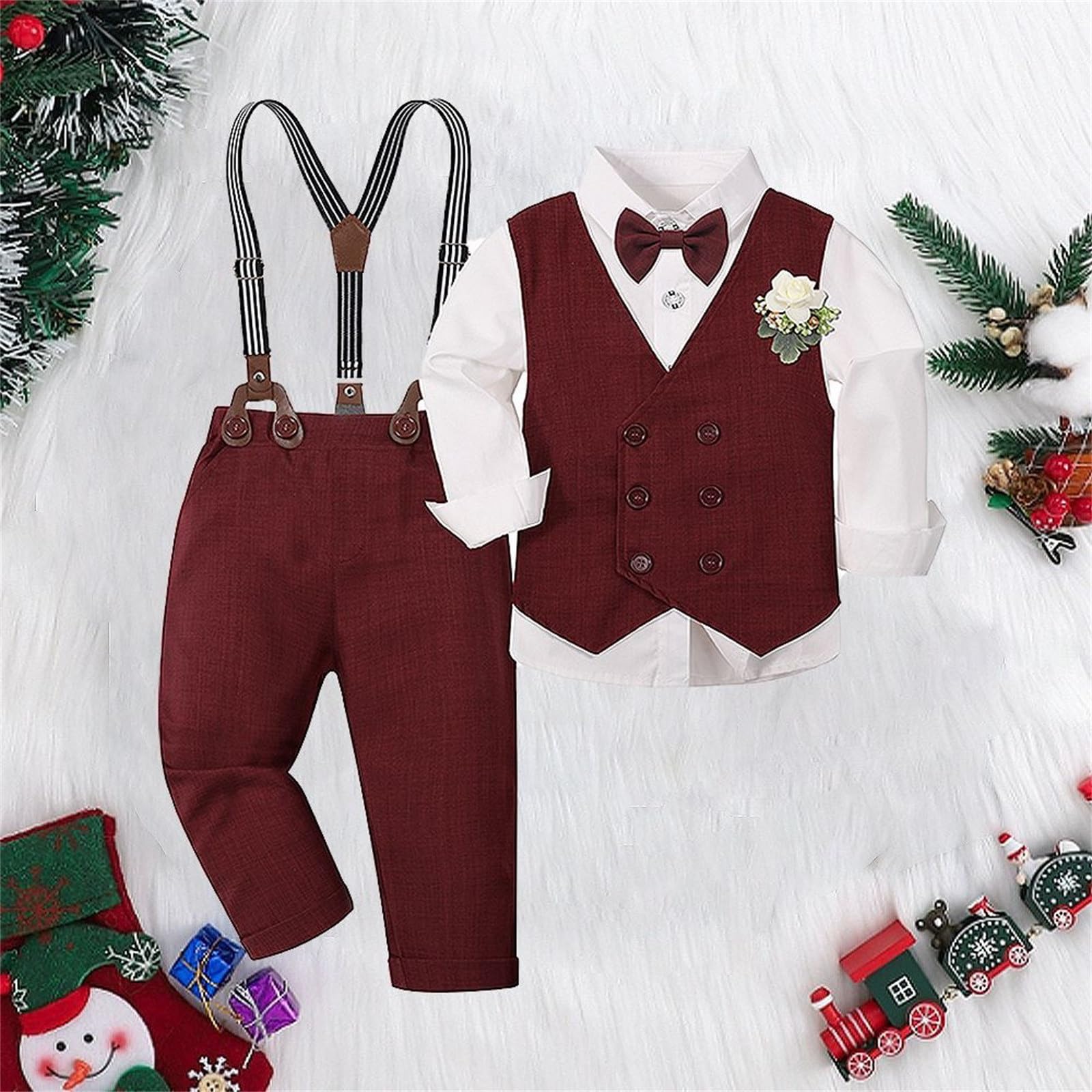 2025 Elegante traje elegante con chaleco verde rojo para niños pequeños hombres, ropa formal de fiesta, ropa de vacaciones