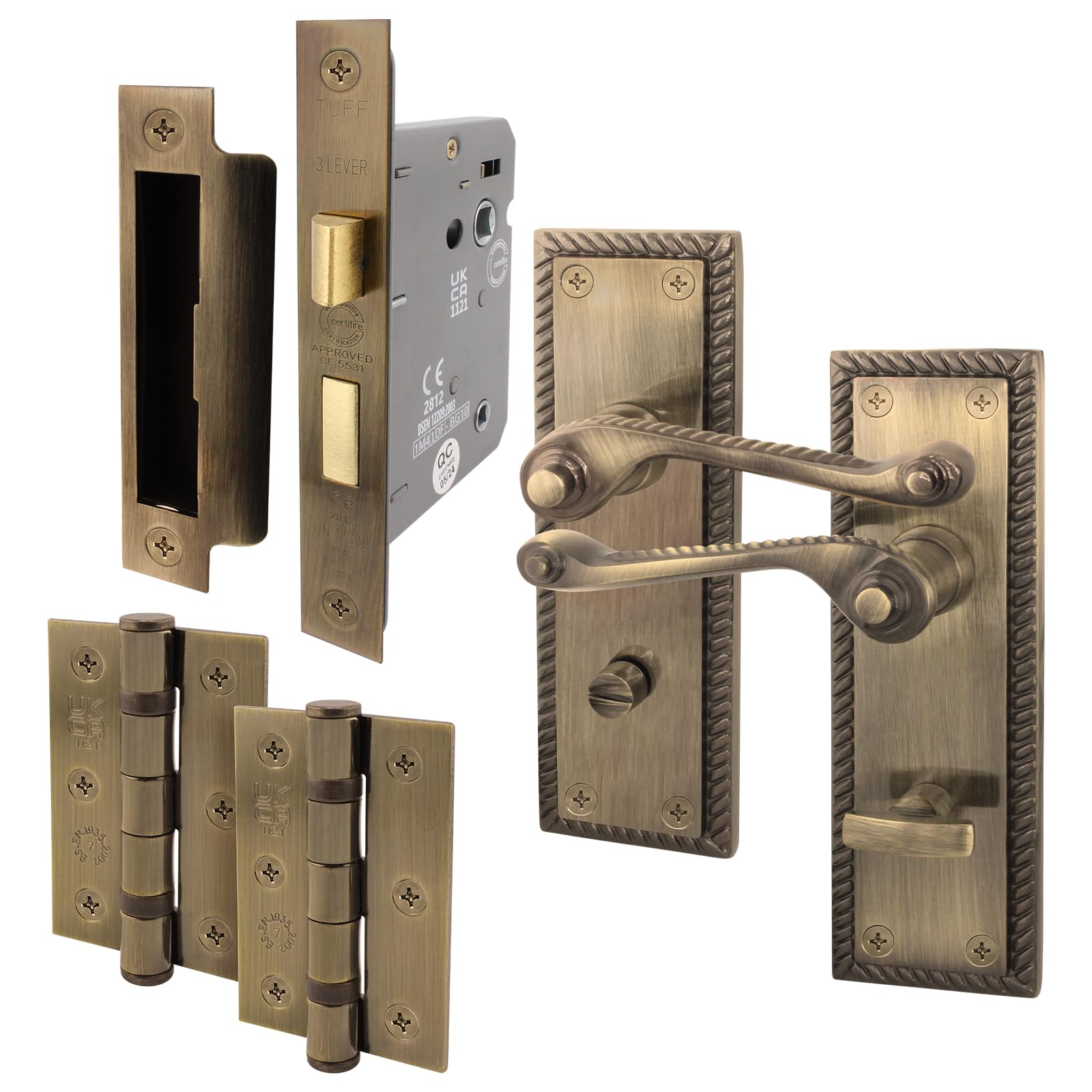 EAI Antique Brass Georgian Scroll Bathroom Door Handle Set - 1 Pair Internal Lever Handles, Hinges & Lock (64mm) - Rope Design