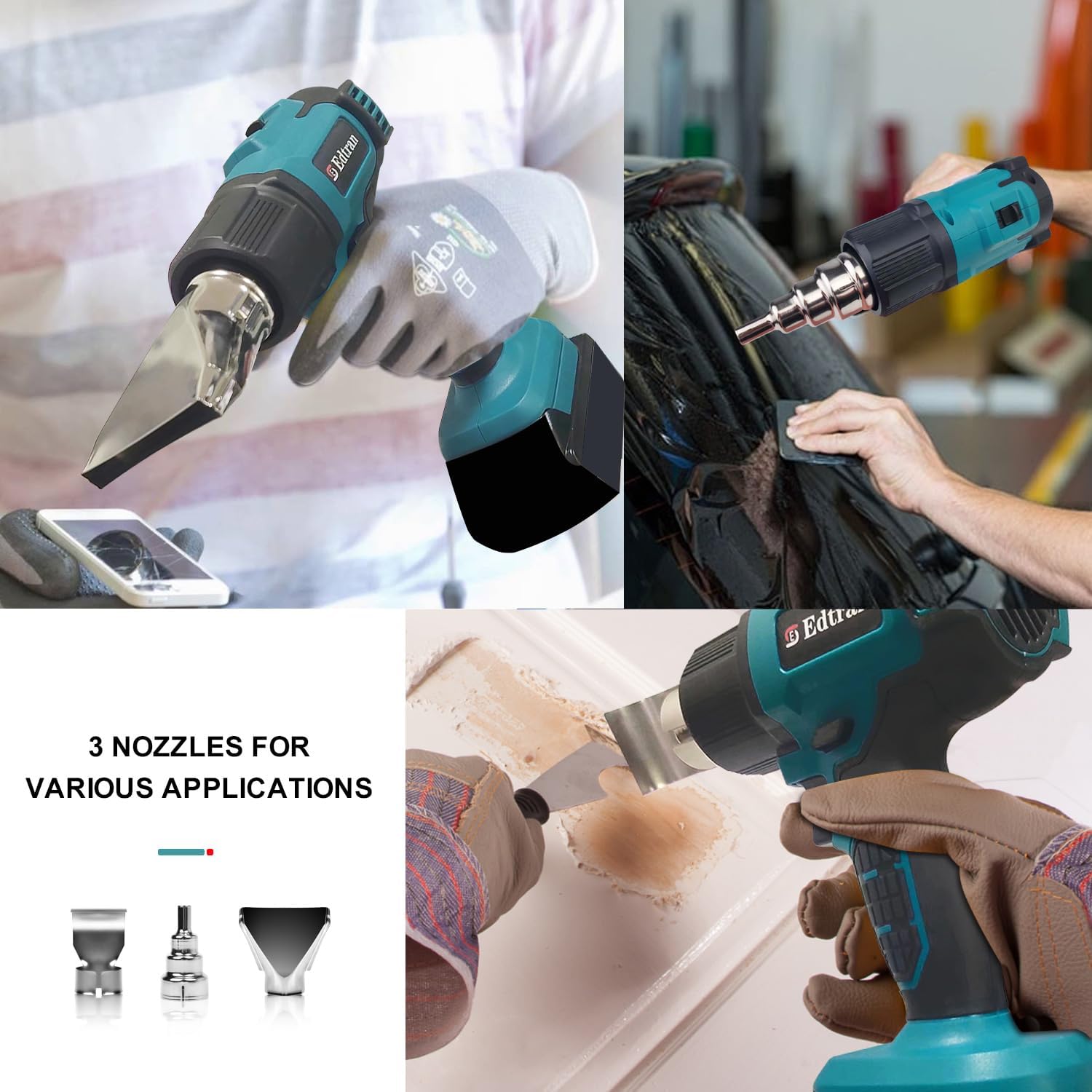 Pistola de calor inalámbrica, pistola de aire caliente compatible con batería Makita LXT de 18 V, 3 boquillas, ajuste de 2 temperaturas máximo de 500 °C para manualidades, tubos retráctiles, resina y