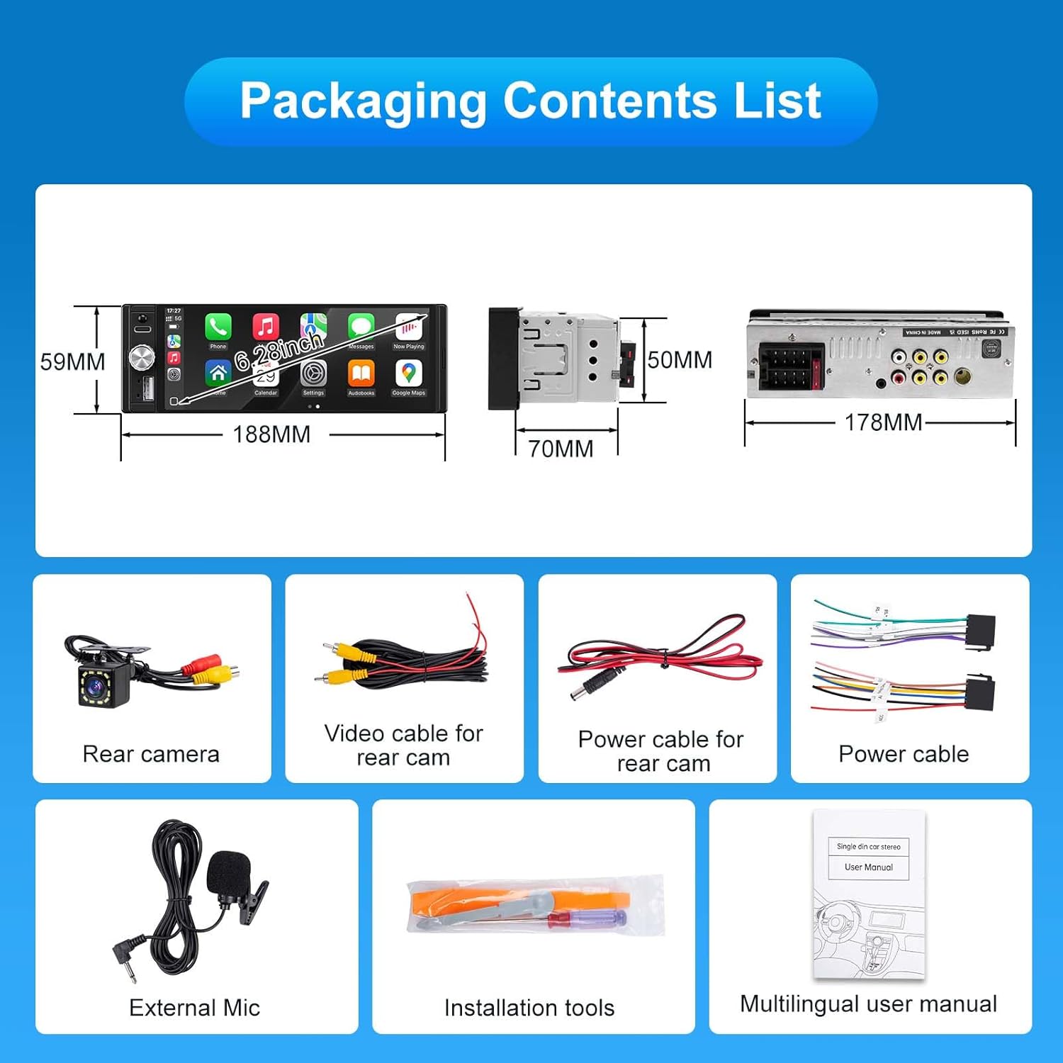 Single Din Radio Car Stereo with Apple CarPlay & Android Auto, 6.28 Inch HD Touch CarPlay Screen, Backup Cam,Bluetooth, MP5,USB Type-C, SWC, EQ, FM Radio (with External Mic)