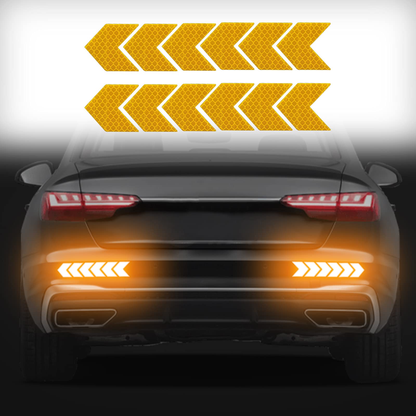 Kelenate® (Yellow) 12 pcs Reflective Safety Warning Stripe Stickers Arrow Decals Car Trunk Rear Bumper Guard Body Stickers Decoration Compatible with Leganza
