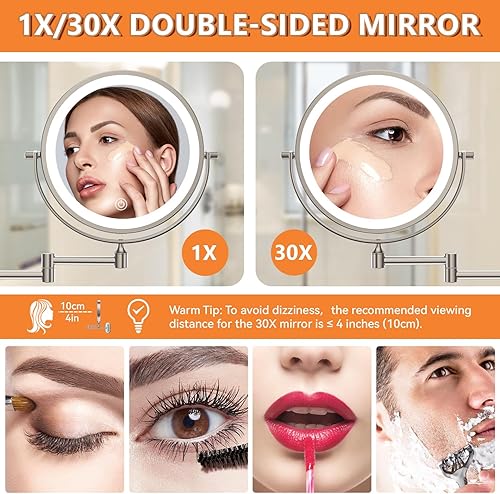 Miniatura 3 de Auxmir Espejo de maquillaje iluminado montado en la pared 1X30X, espejo de aumento recargable de doble cara de 8 pulgadas, 3200 mAh, regulable al