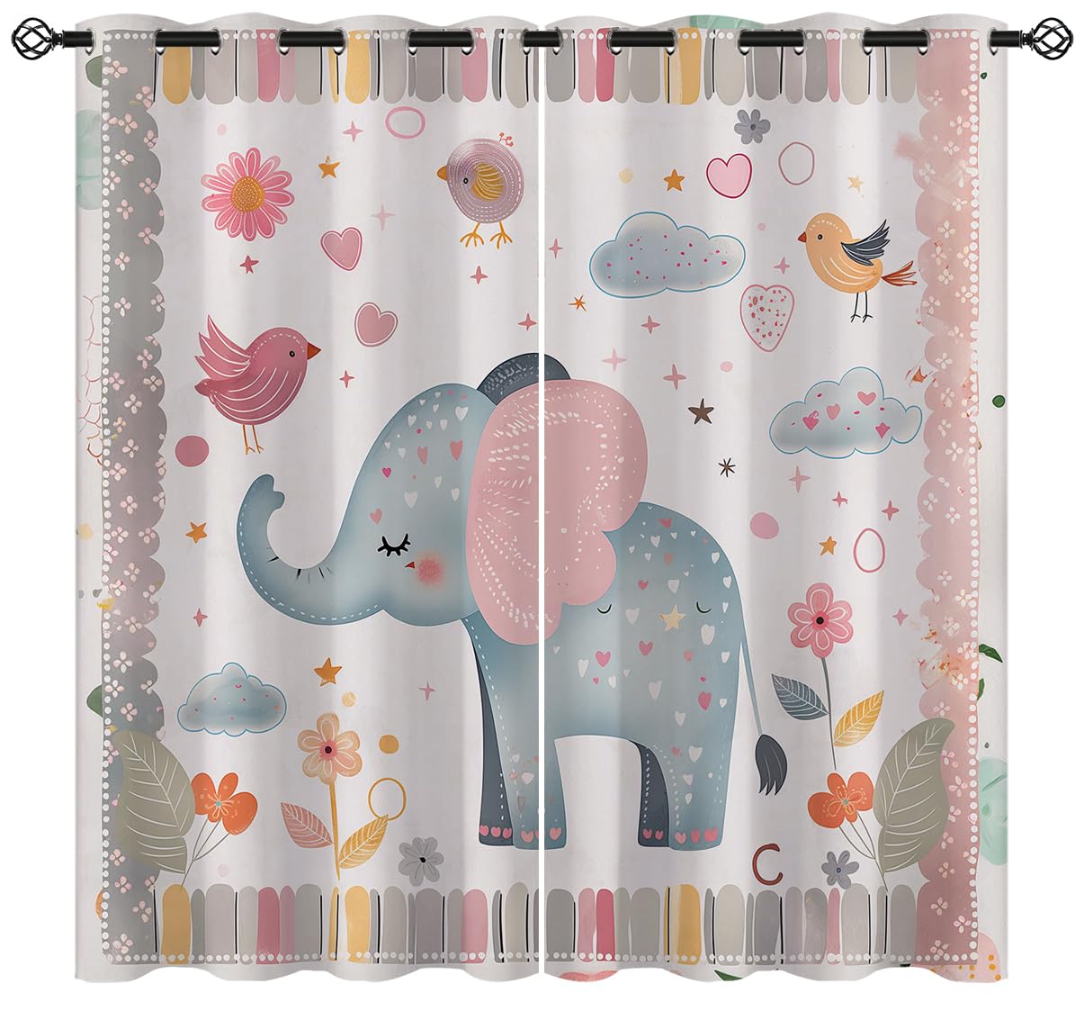 Naiice Cartoon Elephant Blackout Curtains for Girls Boys Home Decor, Funny Cute Flower Birds Clouds Grommet Thermal Insulated Drapes Darkening Window Curtain for Bedroom Living Room, 55 x 63 Inch