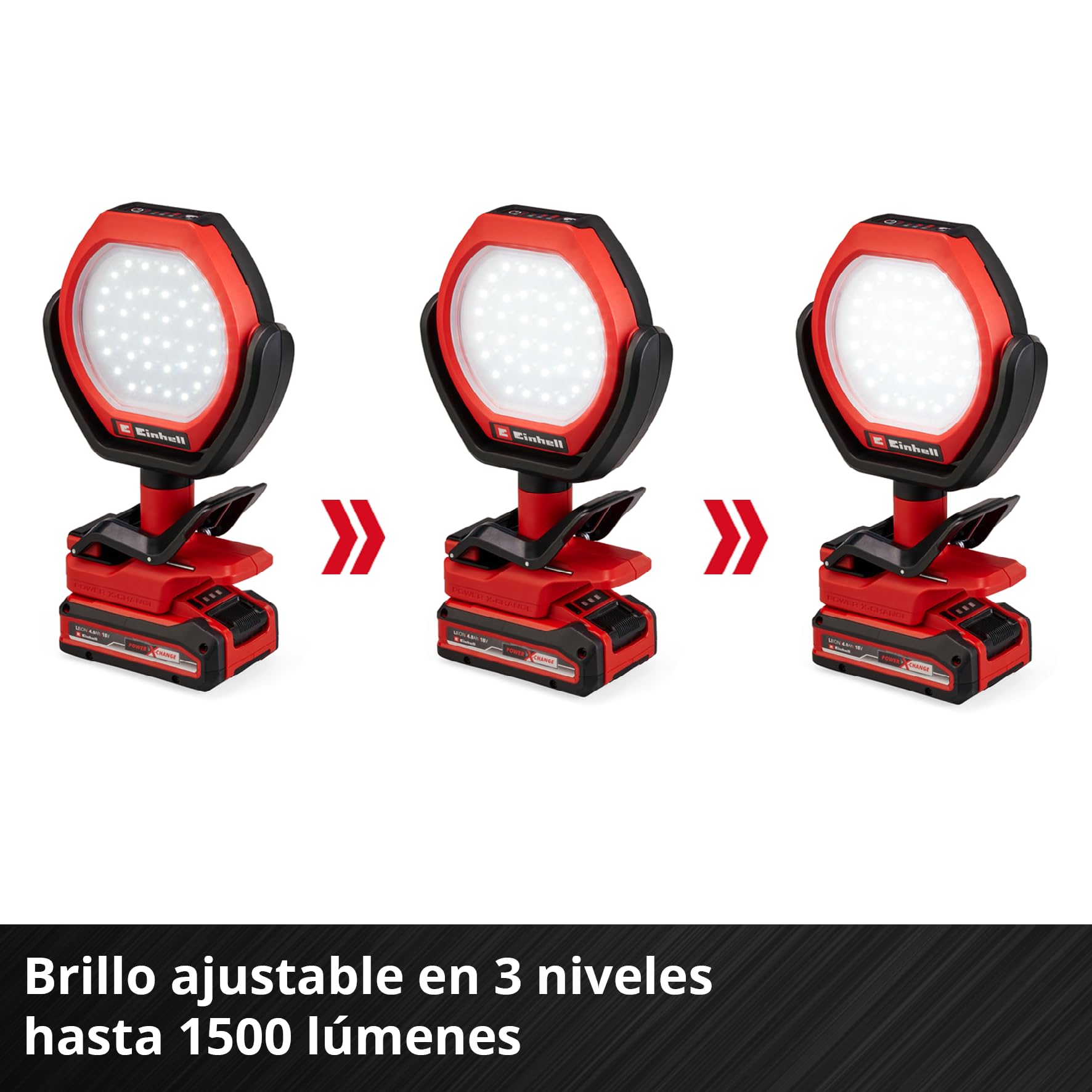 Lámpara de exterior con batería GC-OL 18/1500 Li-Solo Power X-Change de Einhell (18 V, 1500 lm, 7000 K, alcance de 4 m, cabezal pivotante y giratorio, 3 niveles de brillo, sin batería)