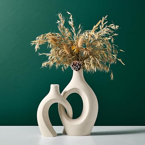 Jarrones altos de cerámica blanca juego de 2 floreros cruzados, decoración moderna del hogar para sala de estar, centro de mesa, decoración de mesa,