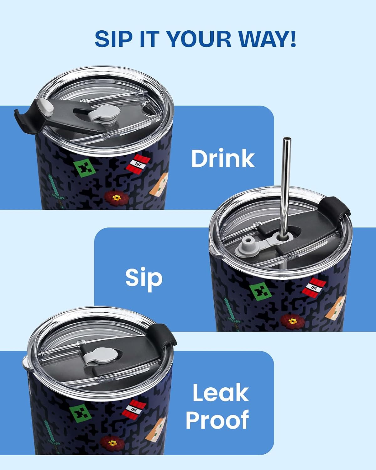 34HD Pixel Gamer 20oz Tumbler with Lid Block Mining Cube Video Game Insulated Stainless Steel Travel Mug Gifts for Women Men Boys Gamer Gift image 3