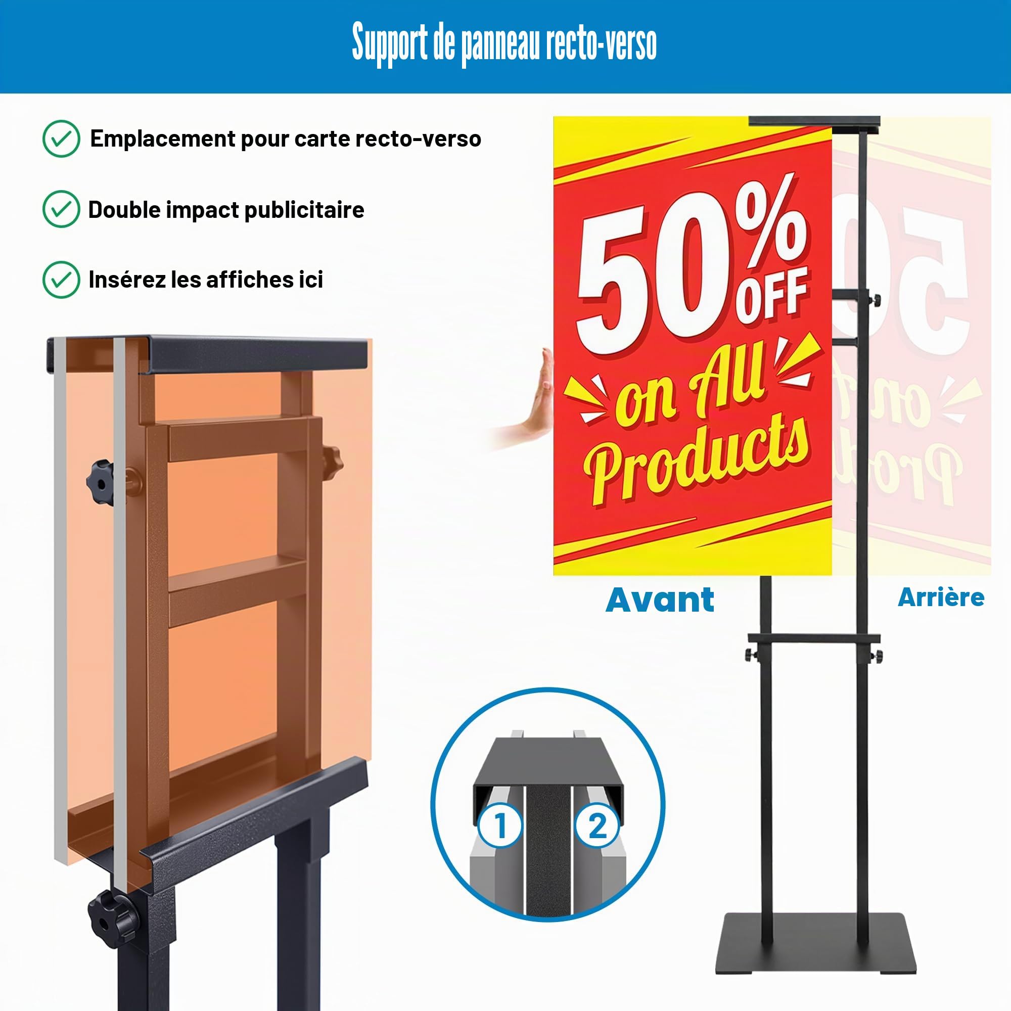 Support Panneau Publicitaire Double Face, Réglable 109–203 cm, Base Lourde,Porte-Affiche pour Panneau Mousse pour Restaurant, Événement, Magasin (1 Pièce)