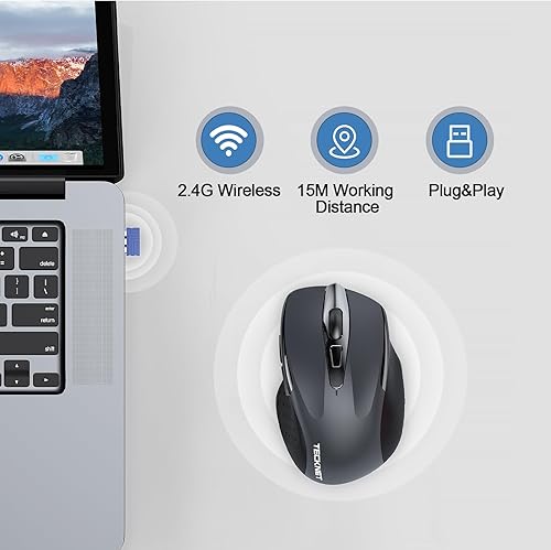 Miniatura 4 de TECKNET Ratón inalámbrico recargable, 2.4G USB-A silencioso, clic silencioso, 6 ajustables 4800 DPI, mouse ergonómico para laptop, mouse de 6