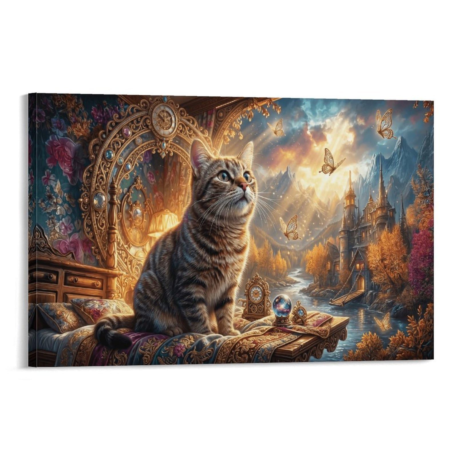 XPASHIQWC Tabby Cat Poster Artwork Mountain Castle Canvas Prints Picture Modern Canvas Wall Art Picture Wall Hanging for Home Decorations 24x36inch(60x90cm)