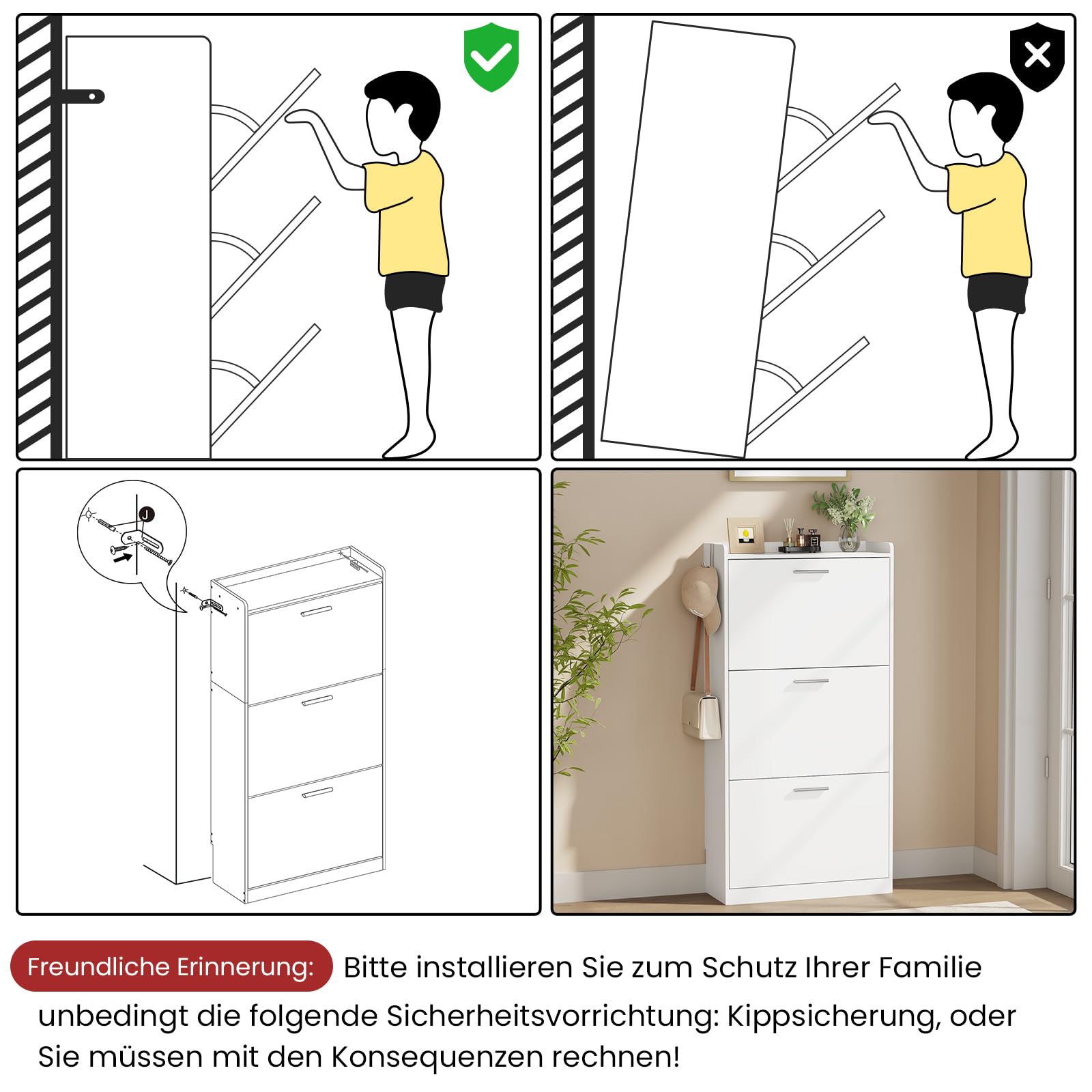 Asgolion Schuhschrank 3 Klappen, Schuhregal, Trennwand verstellbar,Schuhaufbewahrung, Schuhschrank Holz für den Eingang, Flur, Wohnzimmer, 60 x 22.5 x 120 cm, weiß