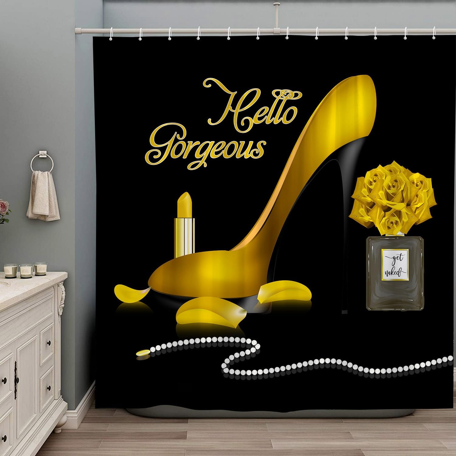 Fashion Girl Shower Curtain Hello Gorgeous Perfume Bottle Green High Heels Rose Flower Makeup Retro Lady Lipstick Romantic Lover Girly Fabric Black Bathroom Decor Set with Hooks 70Wx90H Inch