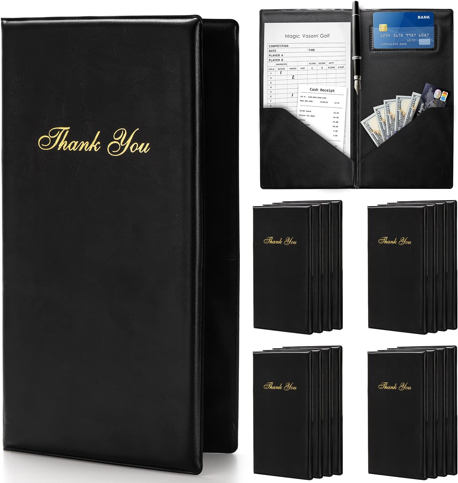 Lyellfe 12 Pack Restaurant Check Presenters, Guest Check Card Holder, PVC Leather Check Presenters for Servers, Black with Gold Thank You Imprint, Ideal for Restaurants, Cafe Bar Eatery