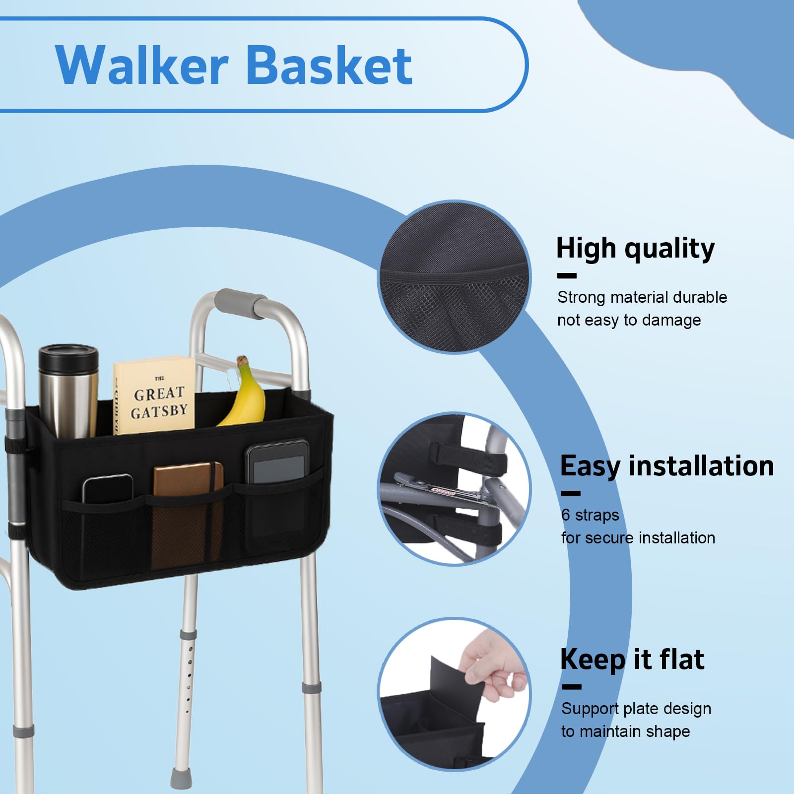 Walker Basket - Bolsa plegable con portavasos - Se adapta a caminantes plegables (negro)