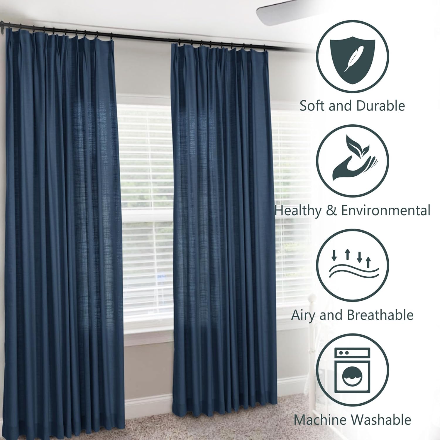 Macochico Light Filtering Linen Curtains 96 Inches Long 2 Panels Set, Pinch Pleat Faux Linen Textured Drapes for Living Room Bedroom Nursery, Privacy Window Treatment, Teal,72W x 96L,